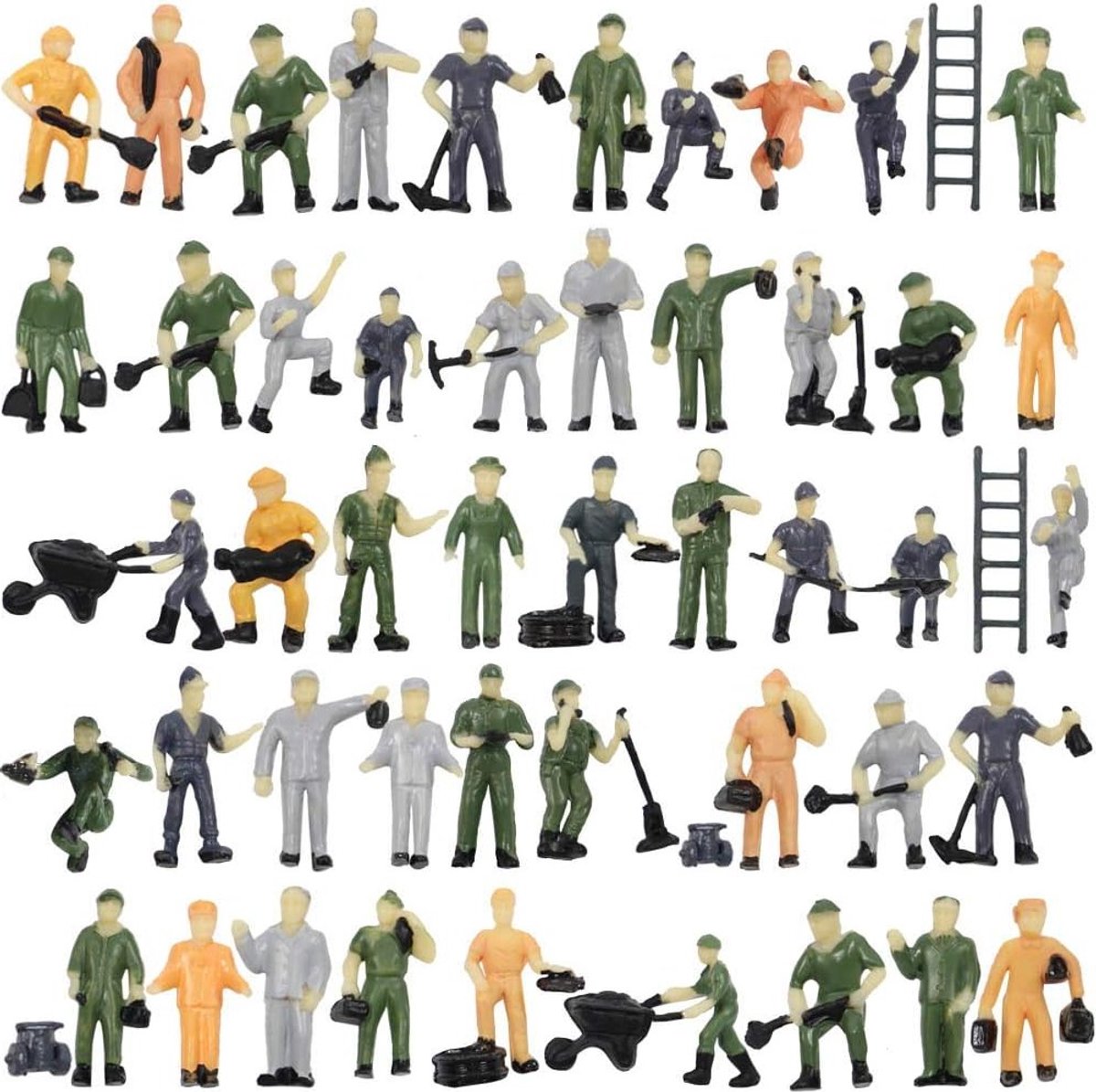 50 Stuks 1:87 HO Schaal Spoorwegpersoneel - Goed Beschilderde Figuren met Emmer en Ladder, 2 cm Hoog, Miniatuur Wereld