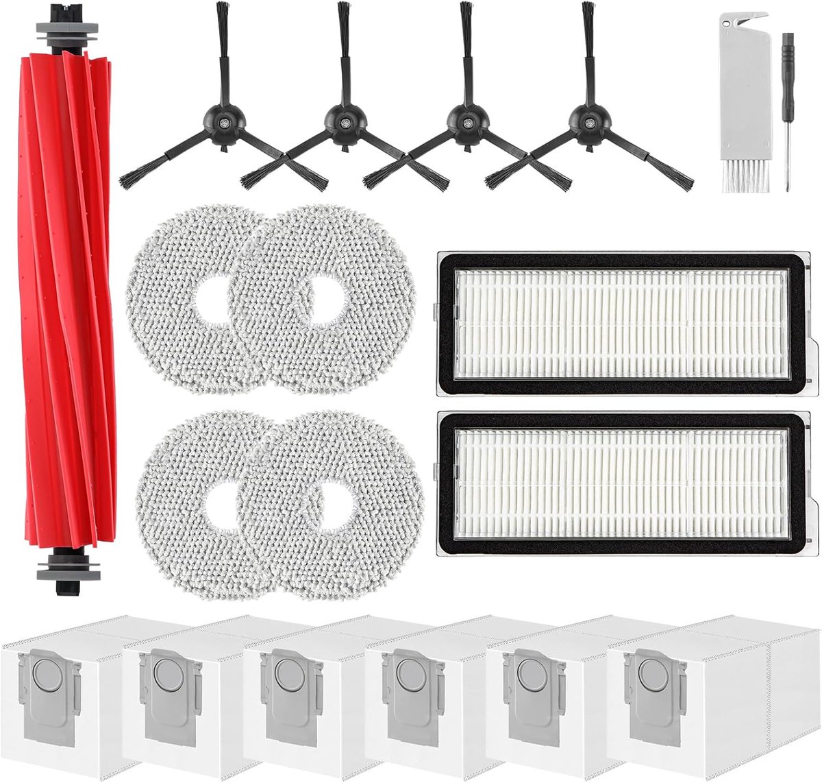 SnelShoppen - Accessoires voor Robotstofzuiger, 19-delige Set met 1 Hoofdborstel, 2 HEPA Filters, 6 Stofzakken, 4 Doeken, 4 Zijborstels, Inclusief Sch