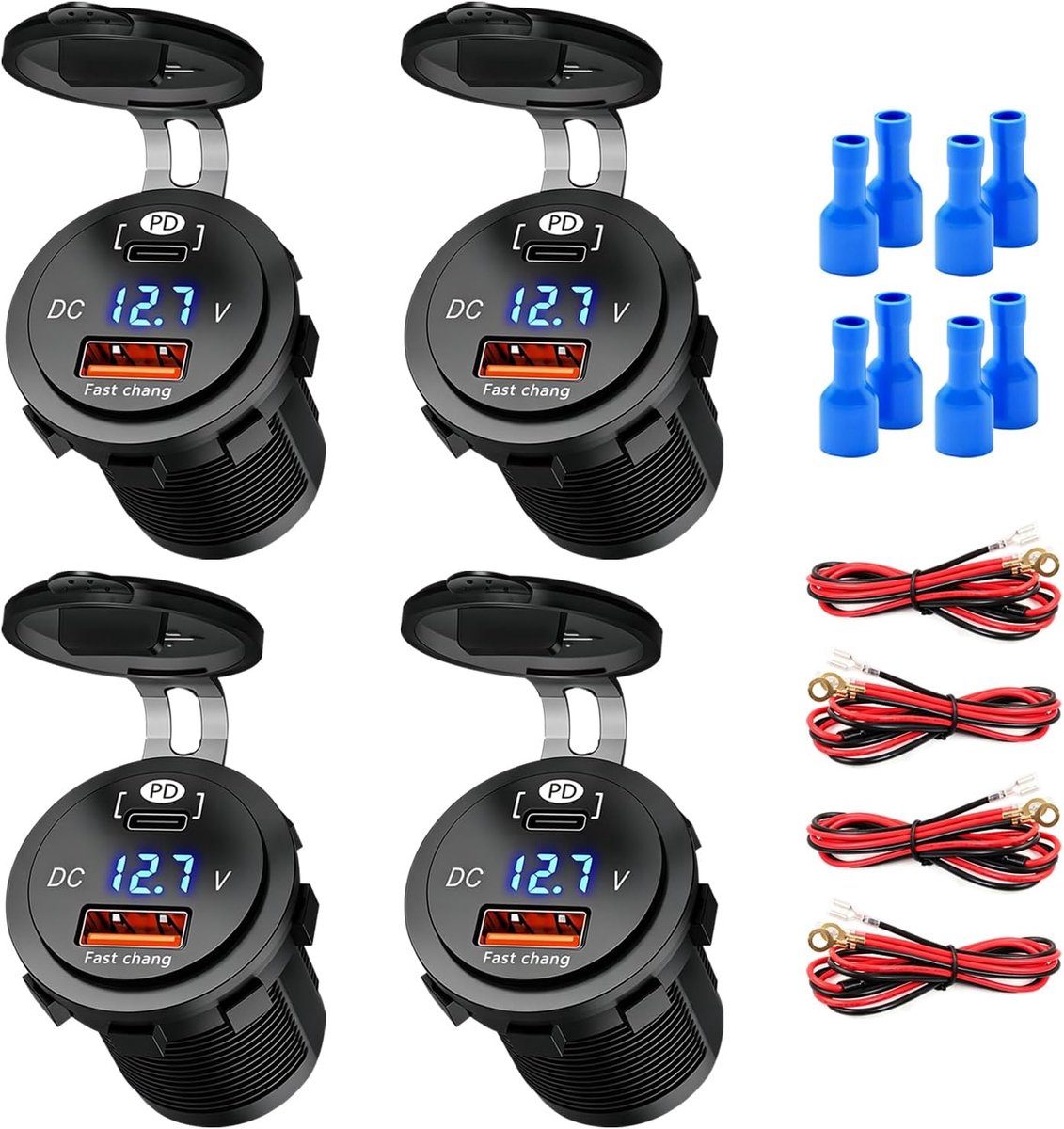 SnelShoppen - 4-pack autolader socket met 52,5 W PD snel opladen, QC3.0 Dual Port Type-C/USB-A, waterdichte sigarettenaansteker adapter voor 12V/24V c