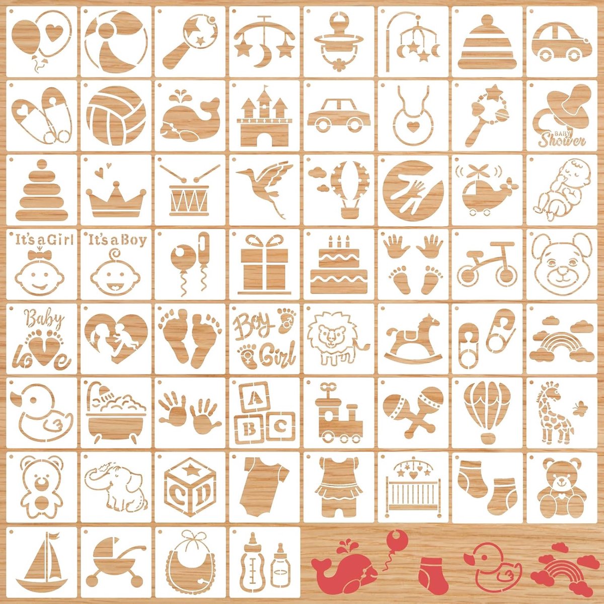 SnelShoppen - 60 Stuks Baby Shower Stencils - Herbruikbare Schildertemplate voor Onesies, Kleding, Schoenen en Slabbetjes - Diverse Schattige Patronen