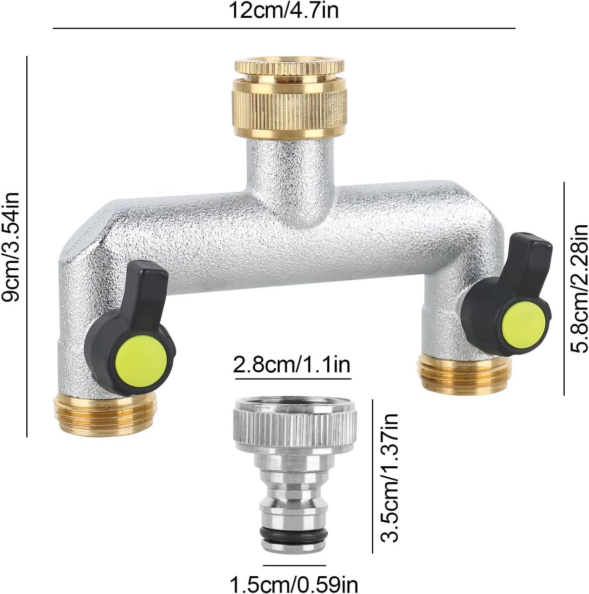 SnelShoppen - 2-way water distributor 3/4" tuinslang adapter met kogelafsluiter, duurzame messing waterkraan verdeler voor tuin, balkon en binnengebru