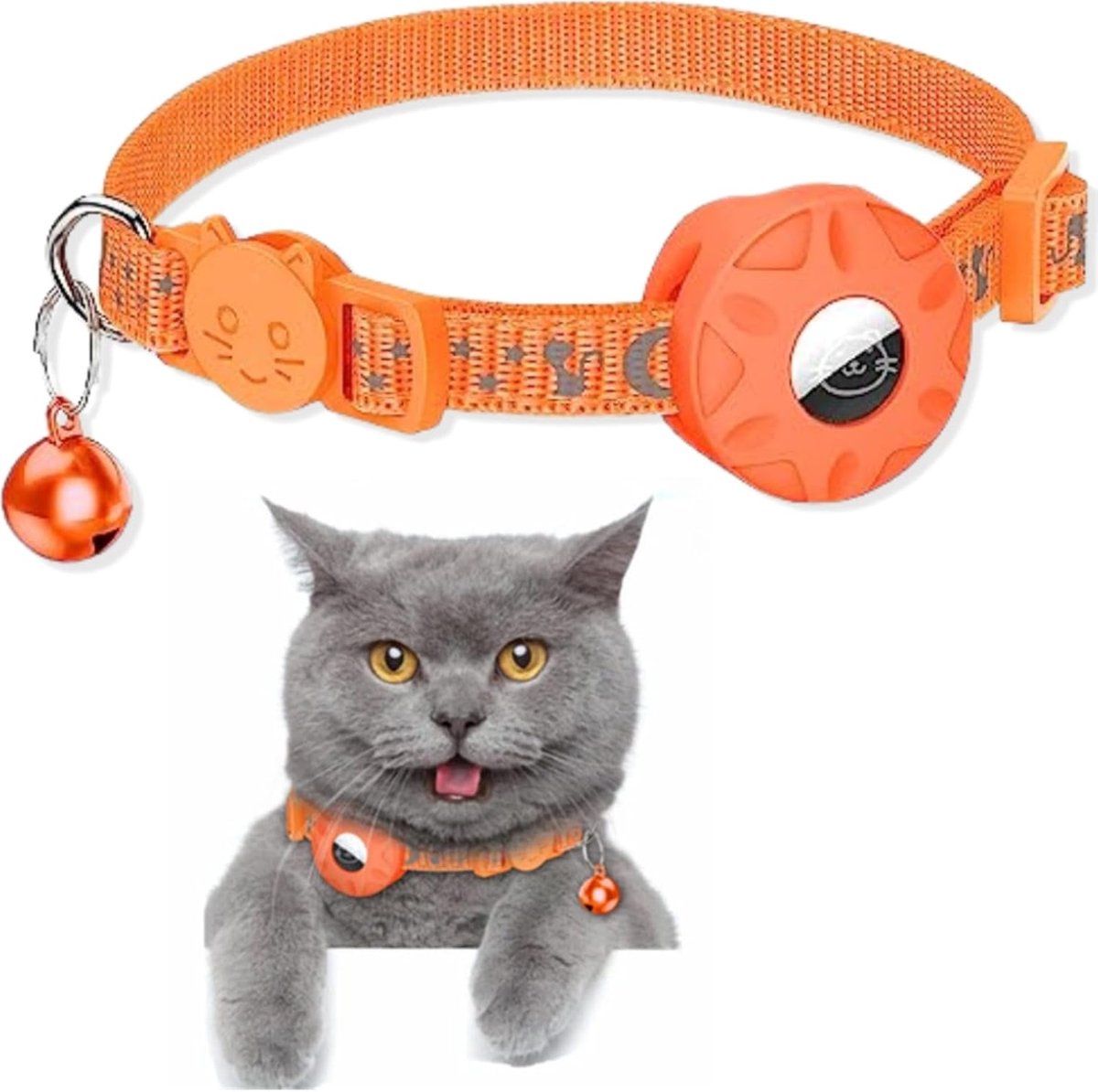 SnelShoppen - Reflecterende AirTag Kattenhalsband met Houder, Bel en Veilige Sluiting voor Honden en Katten (Oranje)
