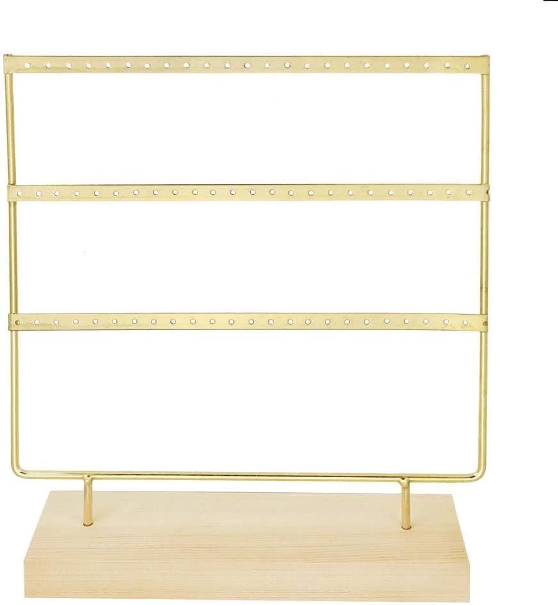 SnelShoppen - Vintage Houten en Metalen Earring Organizer, 3-Lagen Sieraden Organizer, Minimalistisch Design voor Oorbellen, Goudkleurig, Perfect voor
