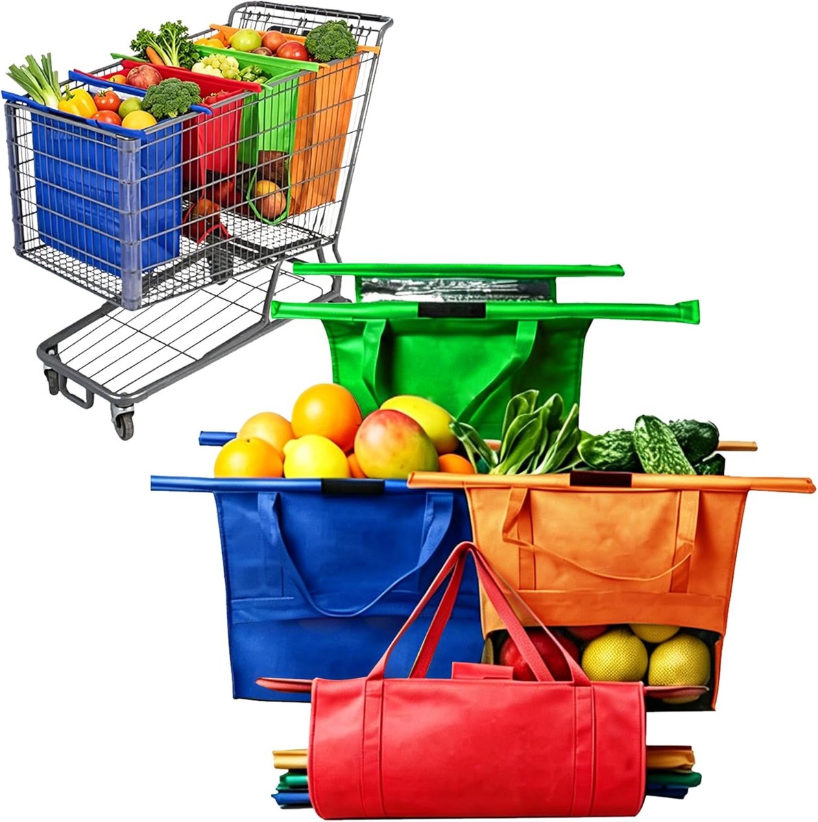 SnelShoppen - Set van 4 Herbruikbare Boodschaptassen - 1 Blauwe Koeltas en 3 Netten voor Supermarkt - Vouwbare Tassen met Handvatten en Sluiting - Tot