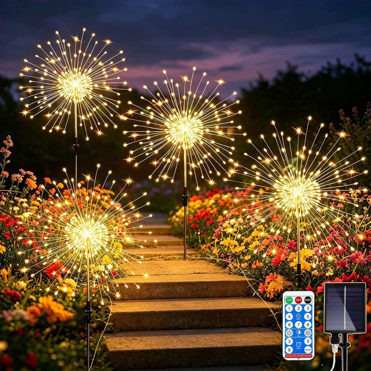 SnelShoppen - Solar Firework Lights 4x120 LED, 480 LEDs, 8 Mode met Afstandsbediening, Waterdichte Sterrenlichtjes voor Kerst, Tuin, Pad, Warm Wit