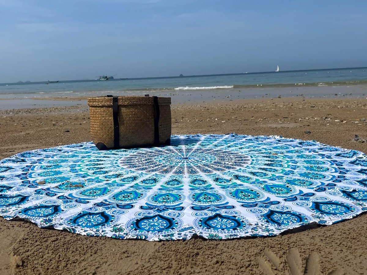 SnelShoppen - Ronde Strandlaken Boho Tapestry Hippie Katoen 178 cm Wit Blauw - Meditatie Yoga Mat Strandpicknick Camping Decoratie