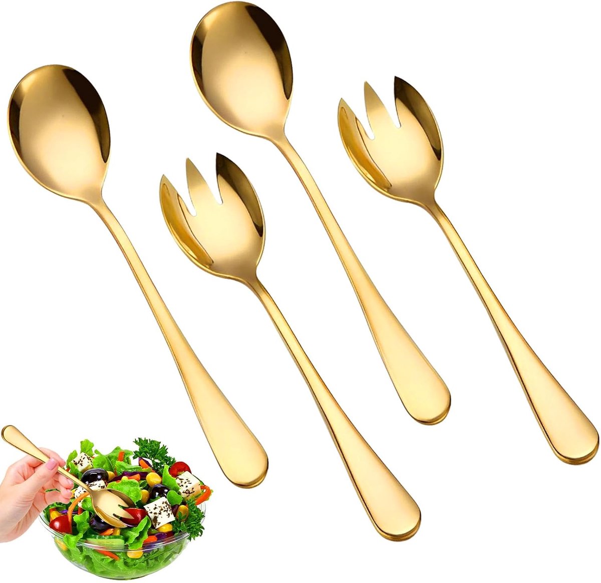 SnelShoppen - 4 Stuks Gouden RVS Saladescheppen | Grote Serveertangen en Lepels voor Salades, Buffetgerechten, Keuken & Feesten