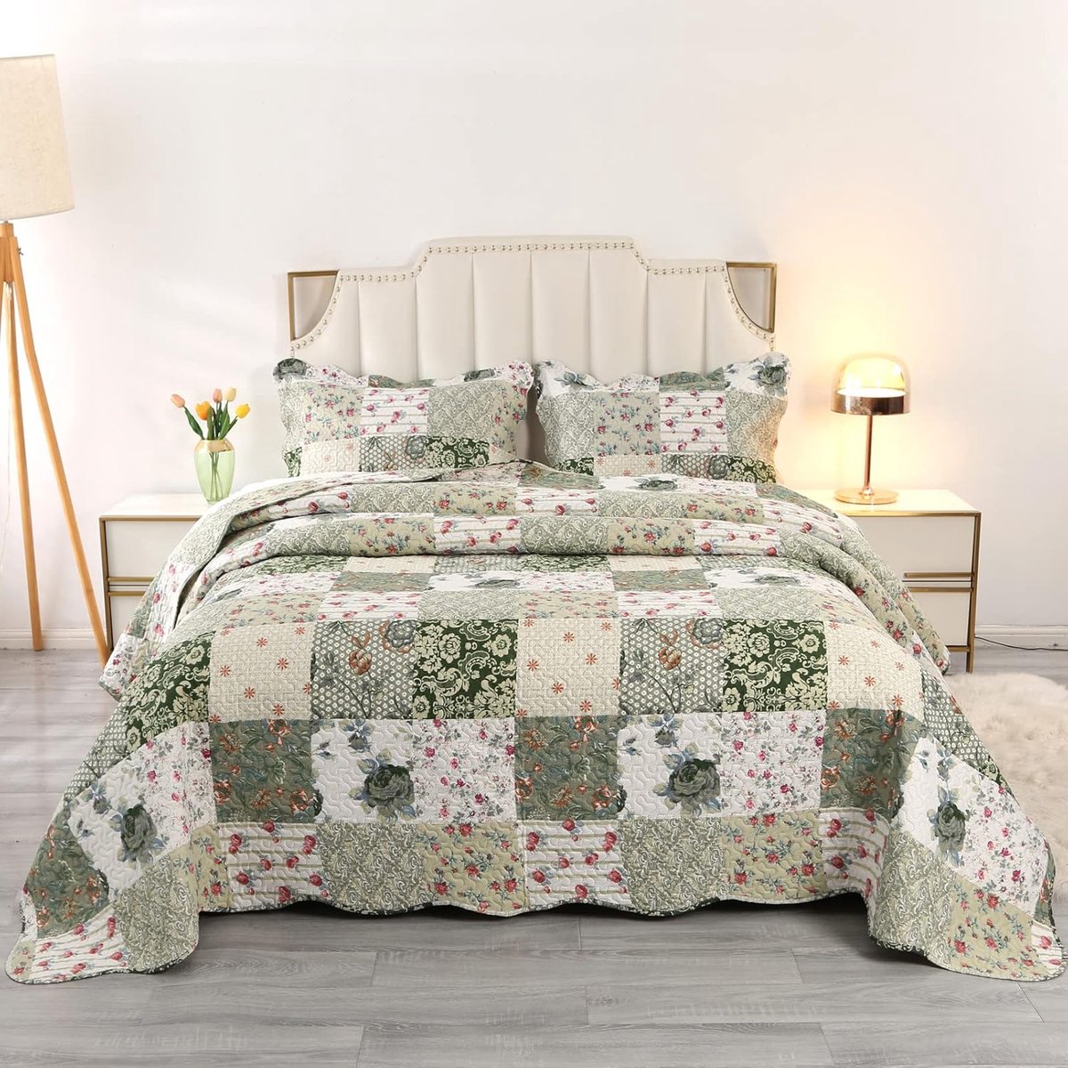 SnelShoppen - King Size Bedsprei met Groene Bloemenprint - Zacht en Lichtgewicht Polyester Dekbedhoes 230x260cm met 2 Kussenslopen - Ideaal voor Slaap