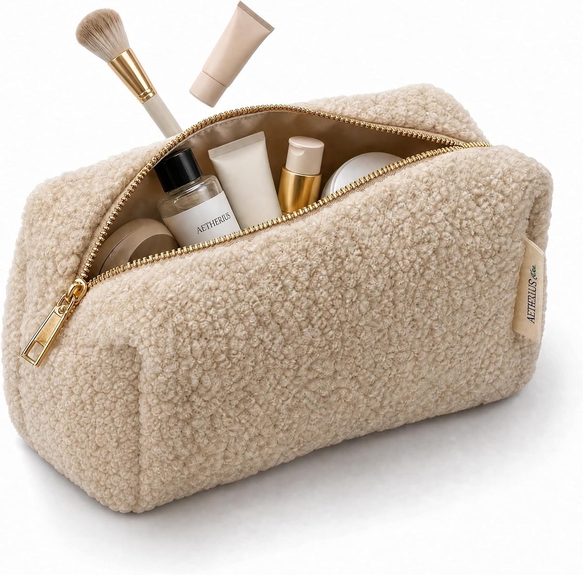 SnelShoppen - Teddy Makeup Bag met Geborduurde Initialen, Gepersonaliseerde Pluche Make-up Tas, Organizer Handtas, Beige, Modern, Geweldig voor Nichte