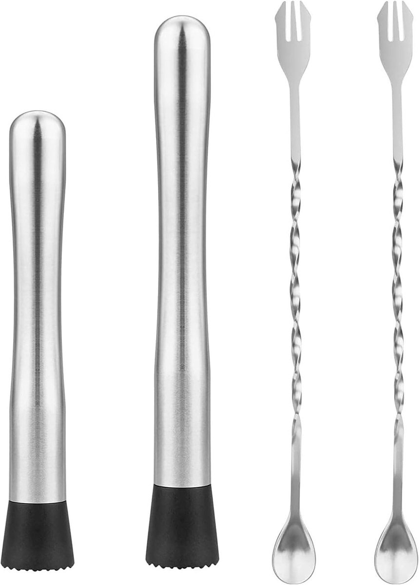 Cocktail Muddler Set van 10" en 8" met 2 Menglepels, RVS Bar Gereedschap voor Mojito's, Milk Tea en Fruitdranken