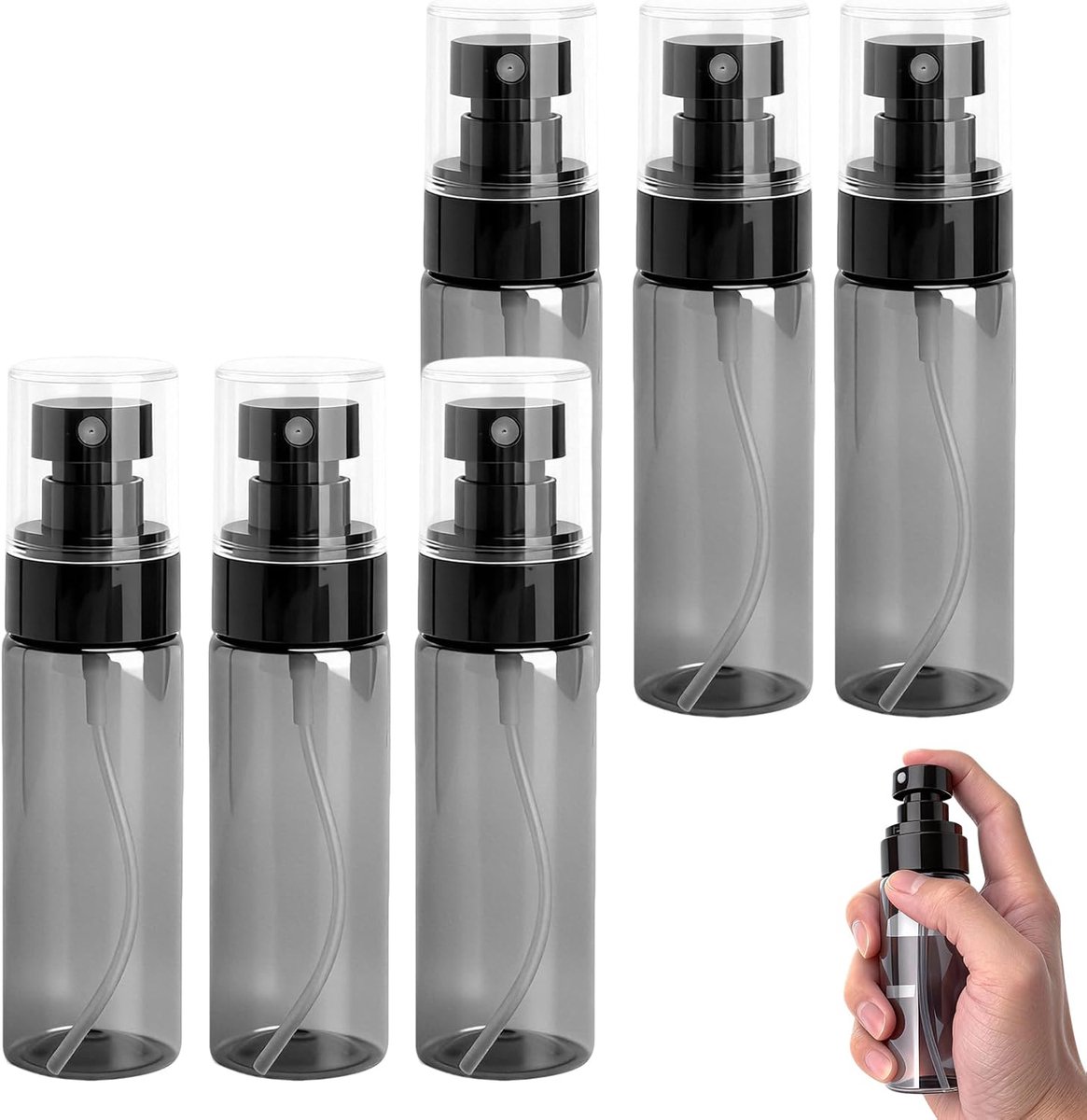 SnelShoppen - Set van 6 Mini Sprayflessen 60 ml - Transparante Zwarte Spuitflessen voor Water, Cosmetica, Reinigingsmiddelen, Perfect voor Thuis, Auto
