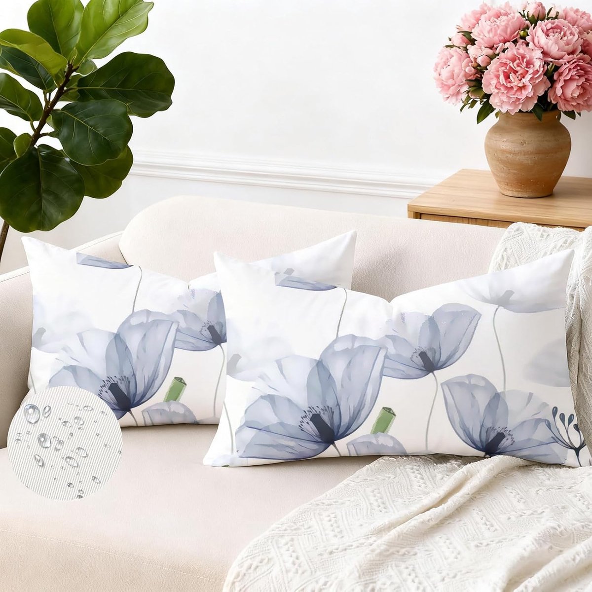 SnelShoppen - Outdoor Kussenhoes Set van 2, Waterdichte Decoratieve Kussenhoezen 30x50 cm, Blauw Bloem Motief, Perfect voor Tuin, Balkon, Sofa en Zome