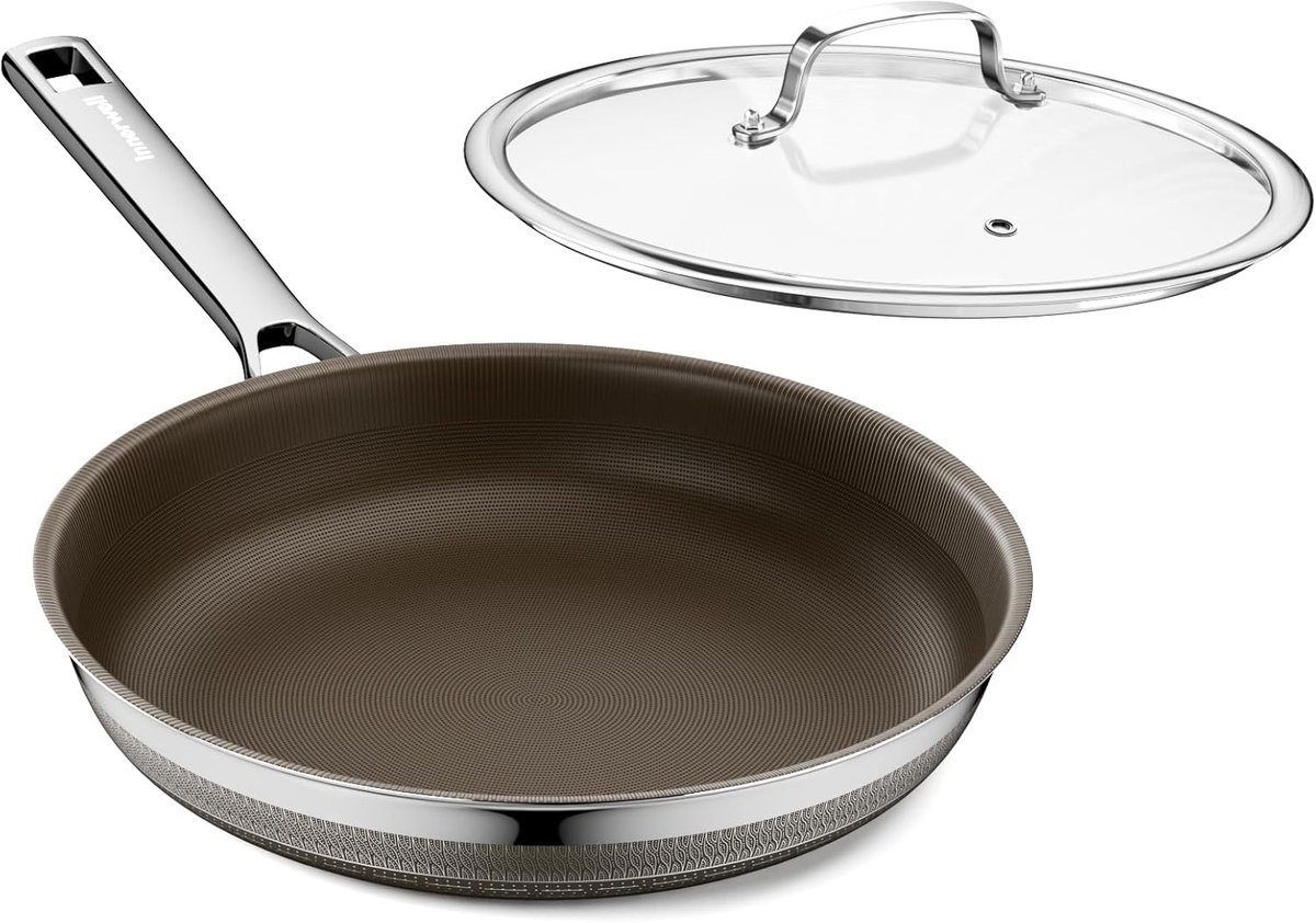 SnelShoppen - Grote 28 cm Keramische Koekenpan met Deksel - Titanium Anti-aanbak Inductiepan - Krasbestendig RVS - PFOA-vrij - Bruin - Voor Keuken en