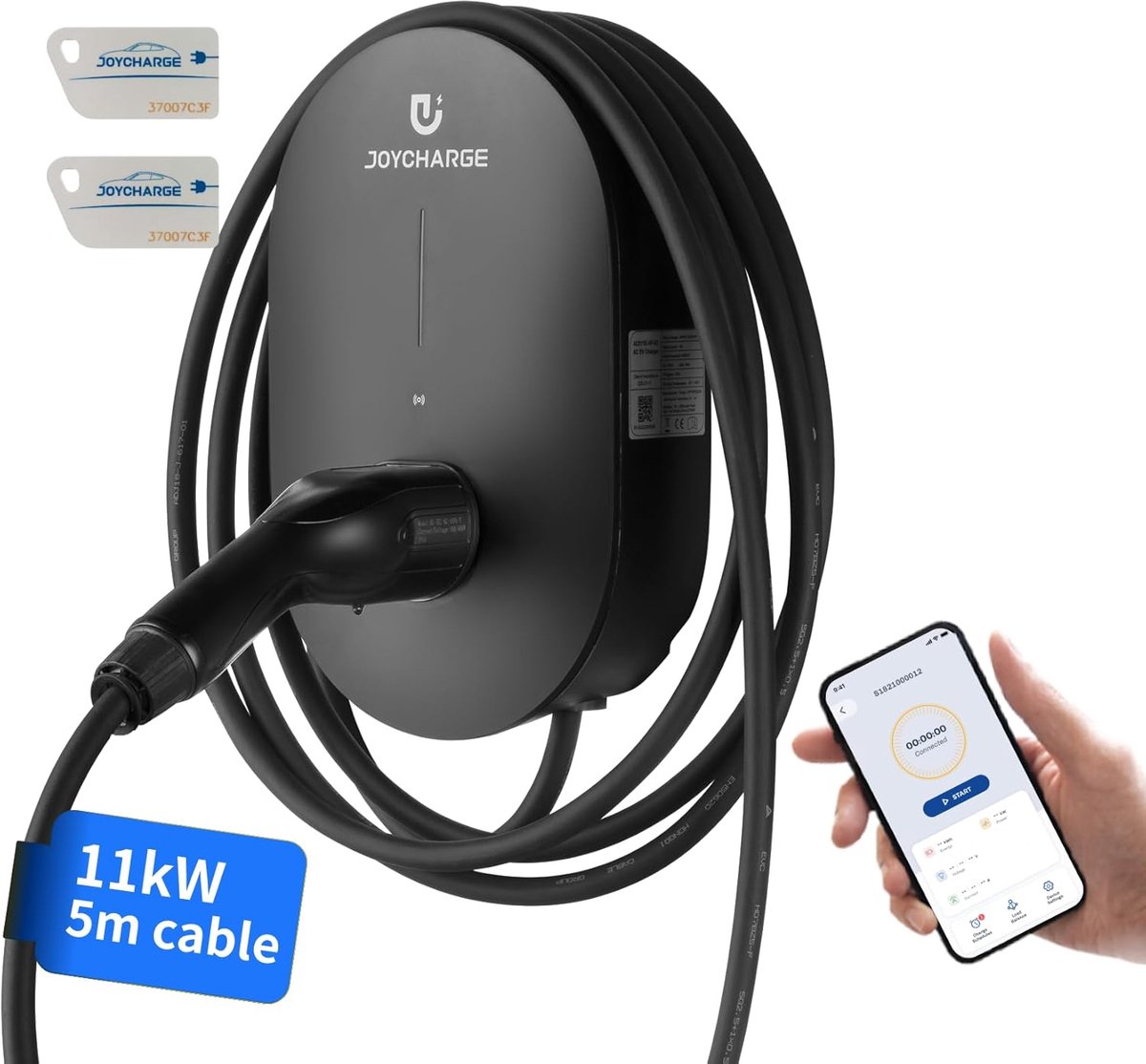 SnelShoppen - Wallbox 11 kW Type 2, 3 Fases, RFID, WLAN App, 5 m Oplaadkabel, 6-16 A Instelbare Stroom, IP55 Bescherming voor Elektrische Auto's en PH