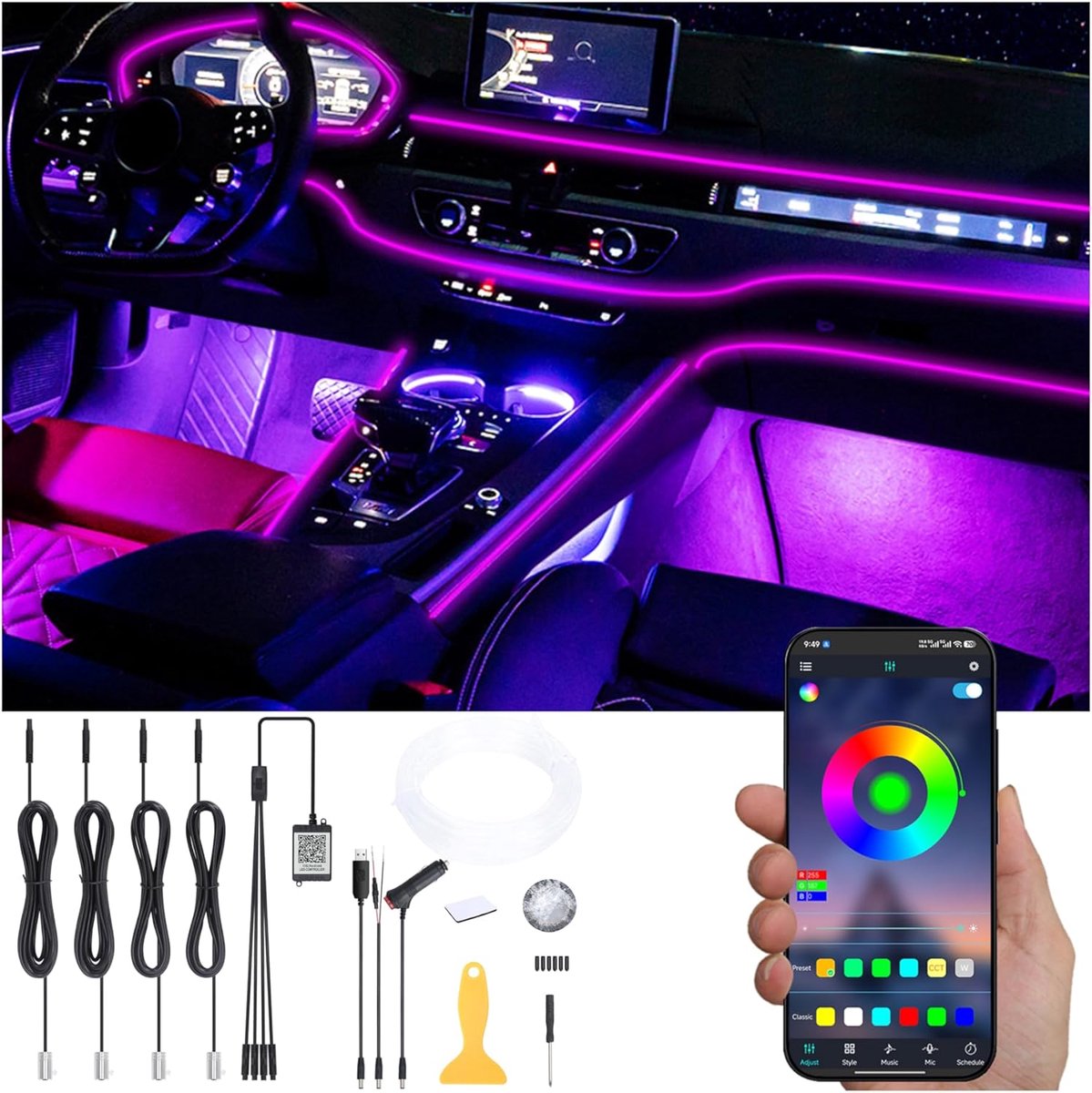 SnelShoppen - Car Ambient Lighting Fiberglass Kabel 64 Kleuren Muziek Actief Met APP Besturing Auto Decoratieve Verlichting Kit DC 12V 1W 5m