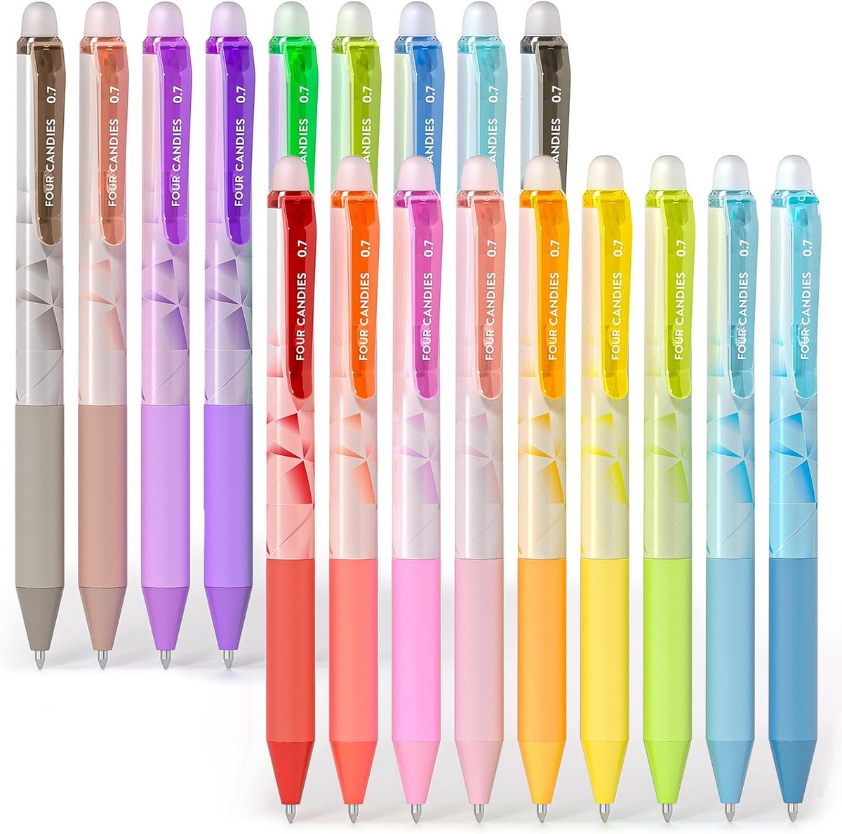 SnelShoppen - Four Candies Uitwisbare Gelpennen 0.7mm - 18 Kleurige Intrekbare Schrijf- en Tekenpennen - Sneldrogend en Zachte Grip voor School, Plann