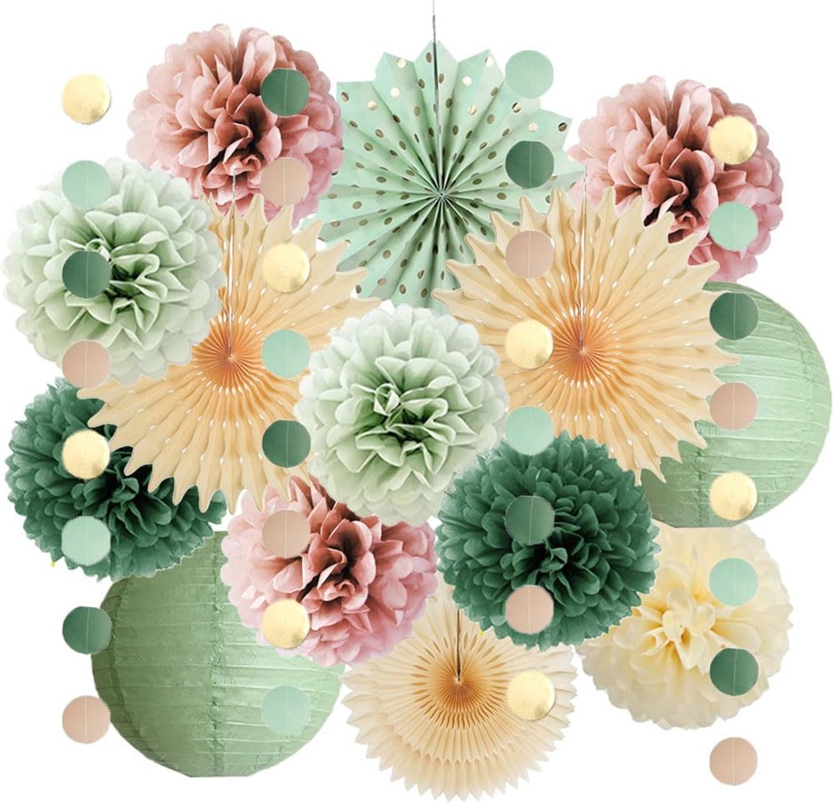 SnelShoppen - Sage Green en Dusty Pink Feestdecoraties Set - Retro Olive Groen en Verbleekt Roze - 4 Papieren Fans, 8 Pompoms, 2 Lampionnen, 1 Slinger