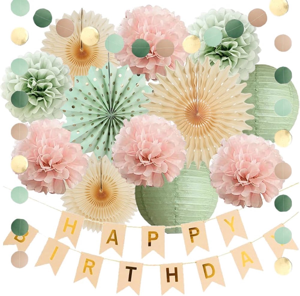 SnelShoppen - Verjaardagsdecoraties Sage Green en Lichtroze, Crème Beige Tissue Paper Pompoms, Beige en Gouden Banner, Bohemian Versiering voor Feestj