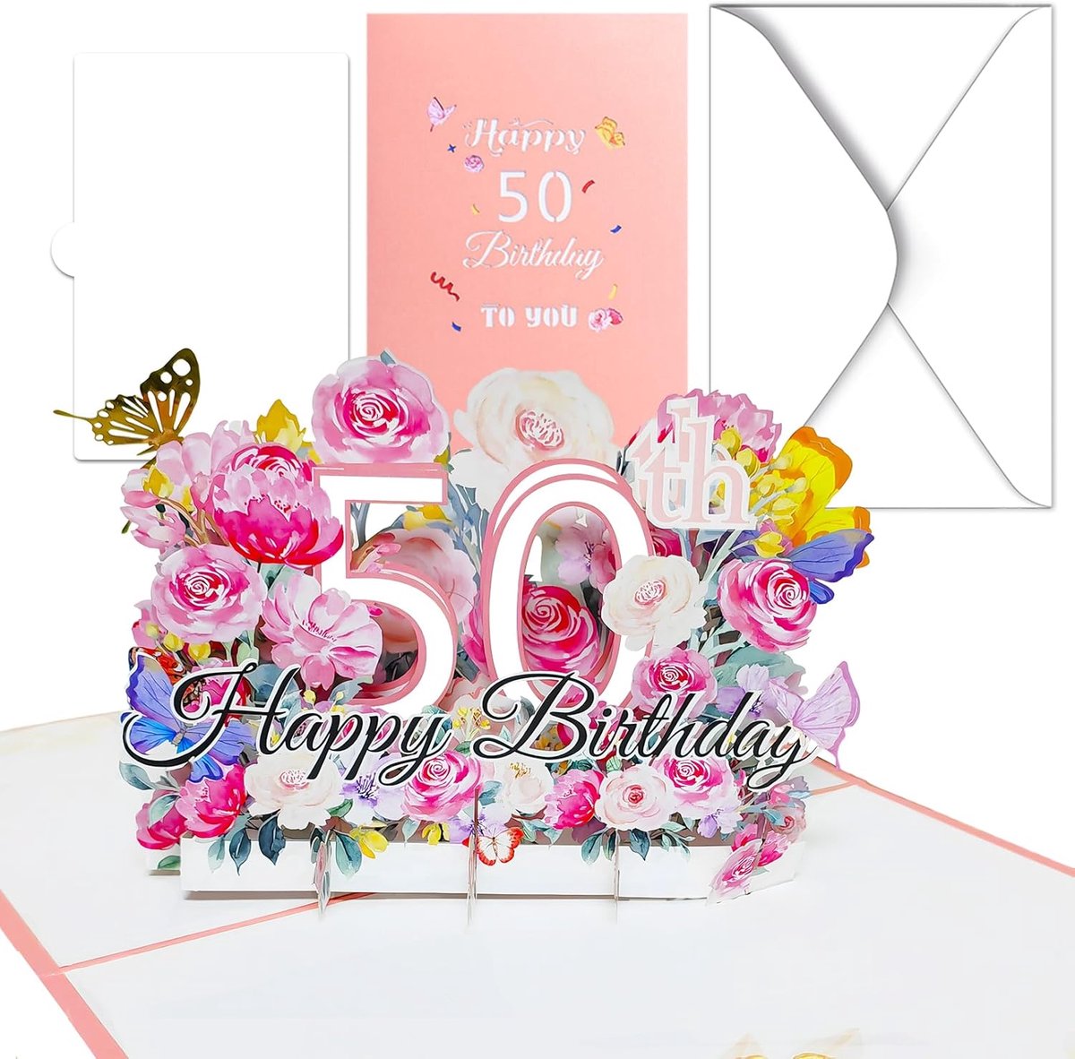SnelShoppen - 3D Pop-Up Verjaardagskaart 50ste Verjaardag met Envelop en Notitiekaartje - Hoogwaardige Kaart voor Vrouw, Vriendin, Vrienden - Verrassi