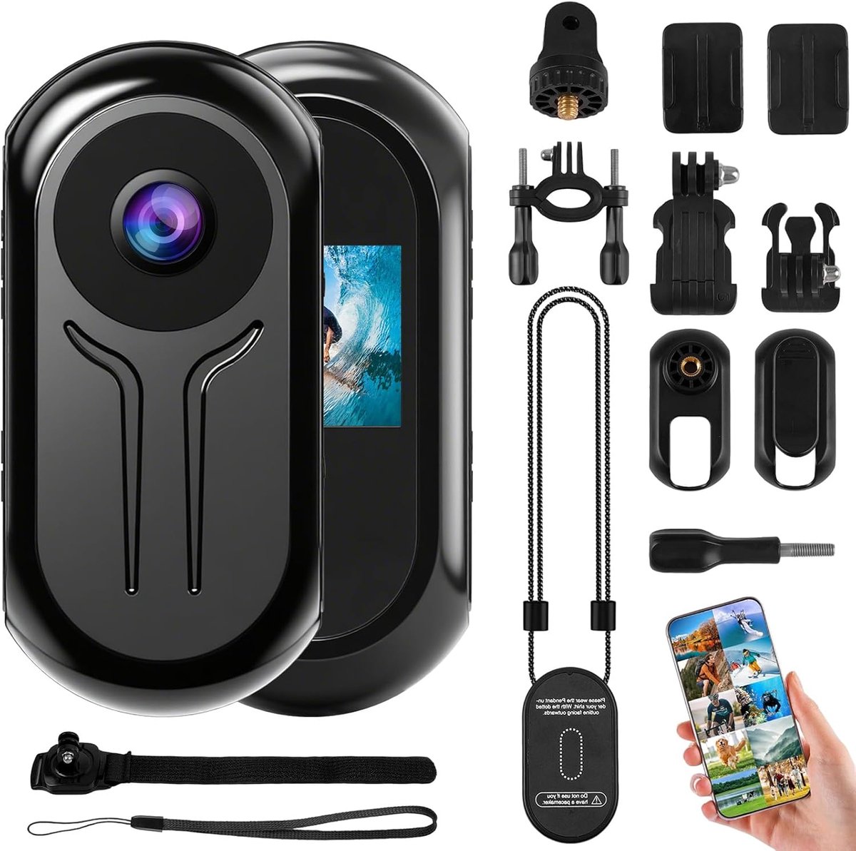 SnelShoppen - OBEST Mini Action Cam 2K 360 Actiecamera met Infrarood Nachtzicht, 120° Groothoek, Lichaamscamera met Display voor Avonturen, Sport, Fee