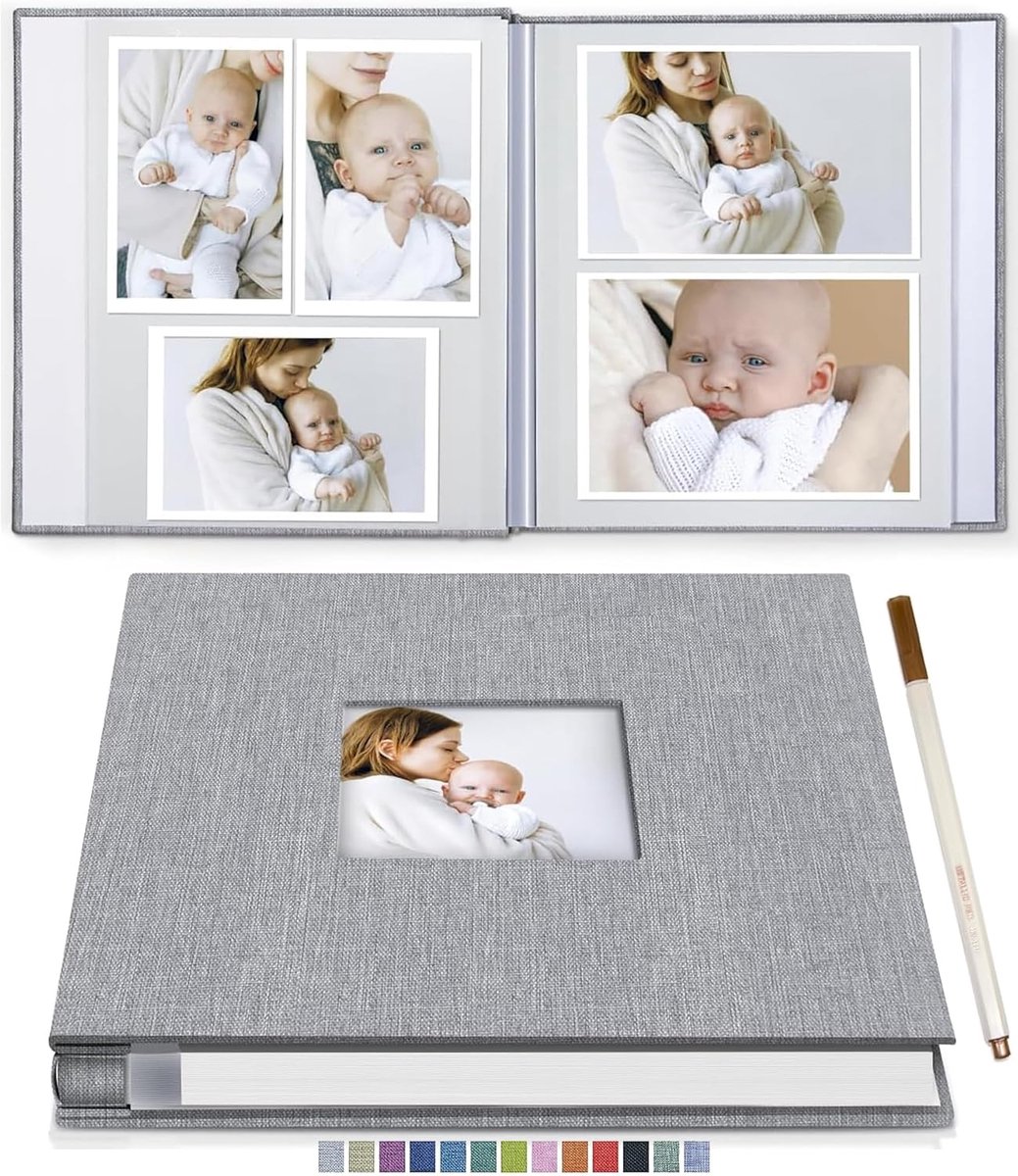 SnelShoppen - Zelfklevend Fotoboek 60 Pagina's met Foto-venster, Linnen Omslag 33x32cm voor Familie Reizen, Baby Groeiboek, Bruiloft Scrapbook, Verjaa