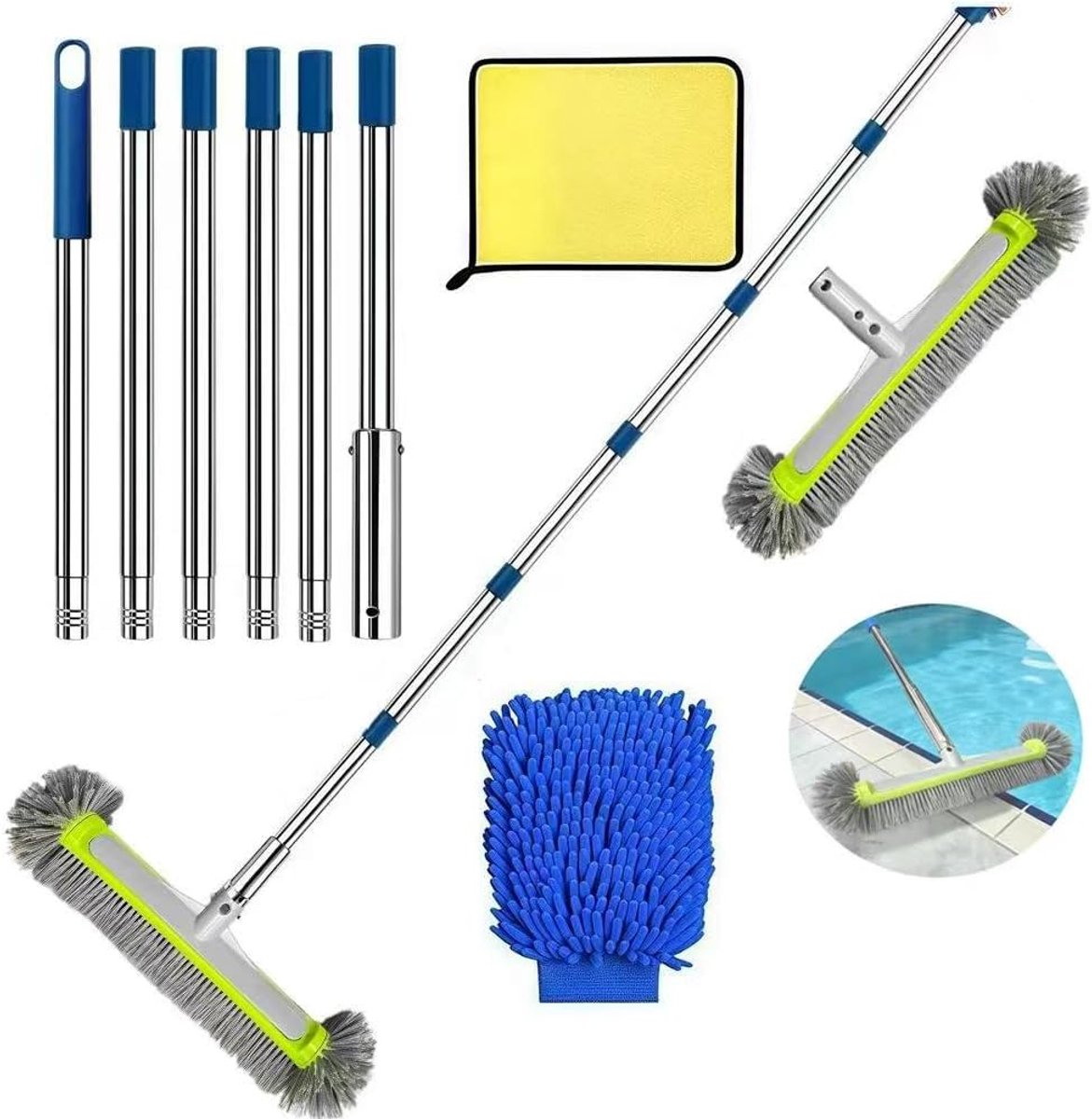 SnelShoppen - Pool Brush Set met Telescopische Stang 230 cm, 45 cm Poolborstel, RVS Stangen, Schoonmaakdoek en Wasglove voor Eenvoudige Poolreiniging