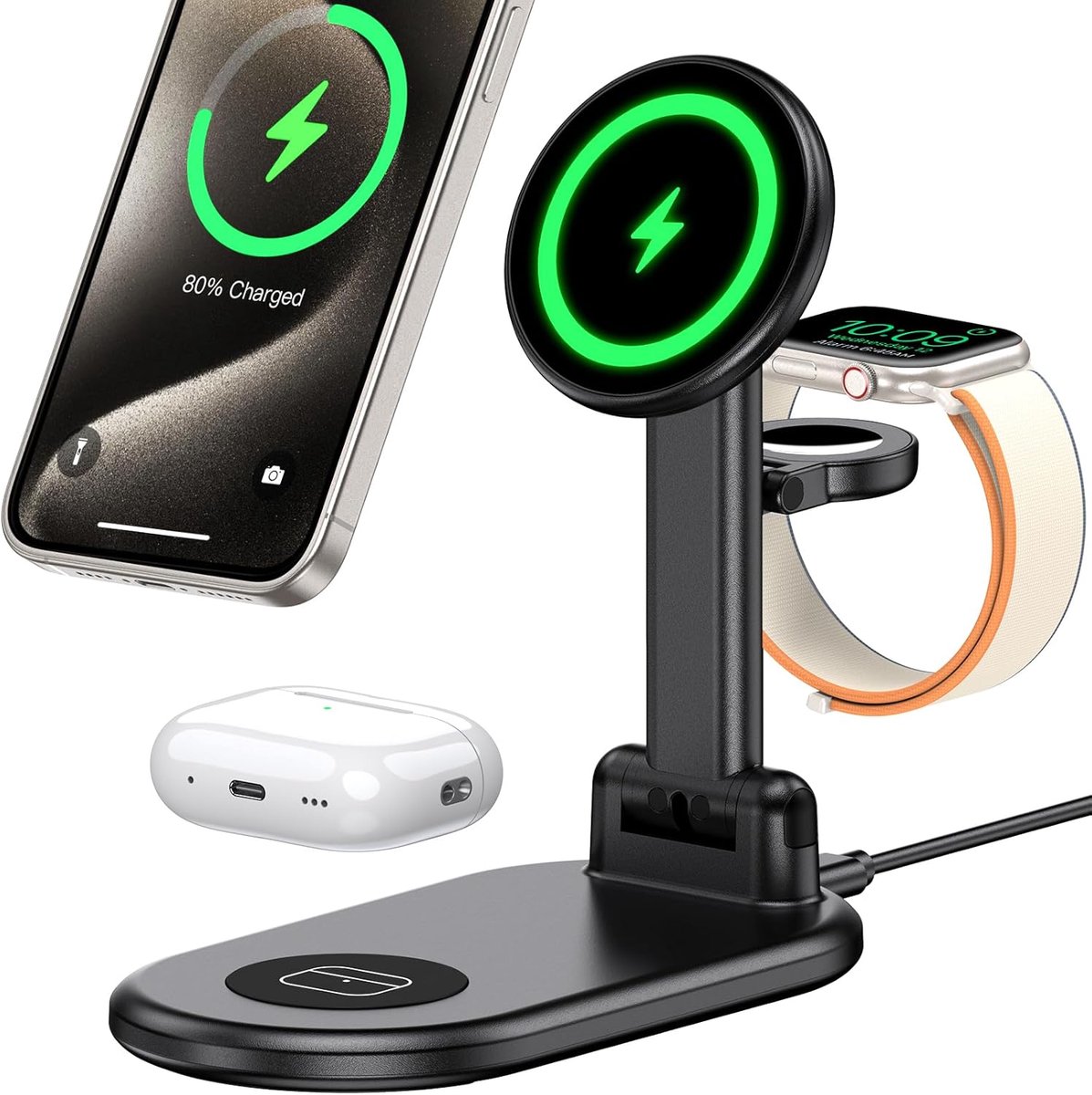 SnelShoppen - 3-in-1 Vouwbaar Oplaadstation voor iPhone 17, 16, 15, 14, 13, 12, Draadloze Oplader voor Apple Watch 9/8/7/6/5/4/3/2/SE en AirPods 3/2/P