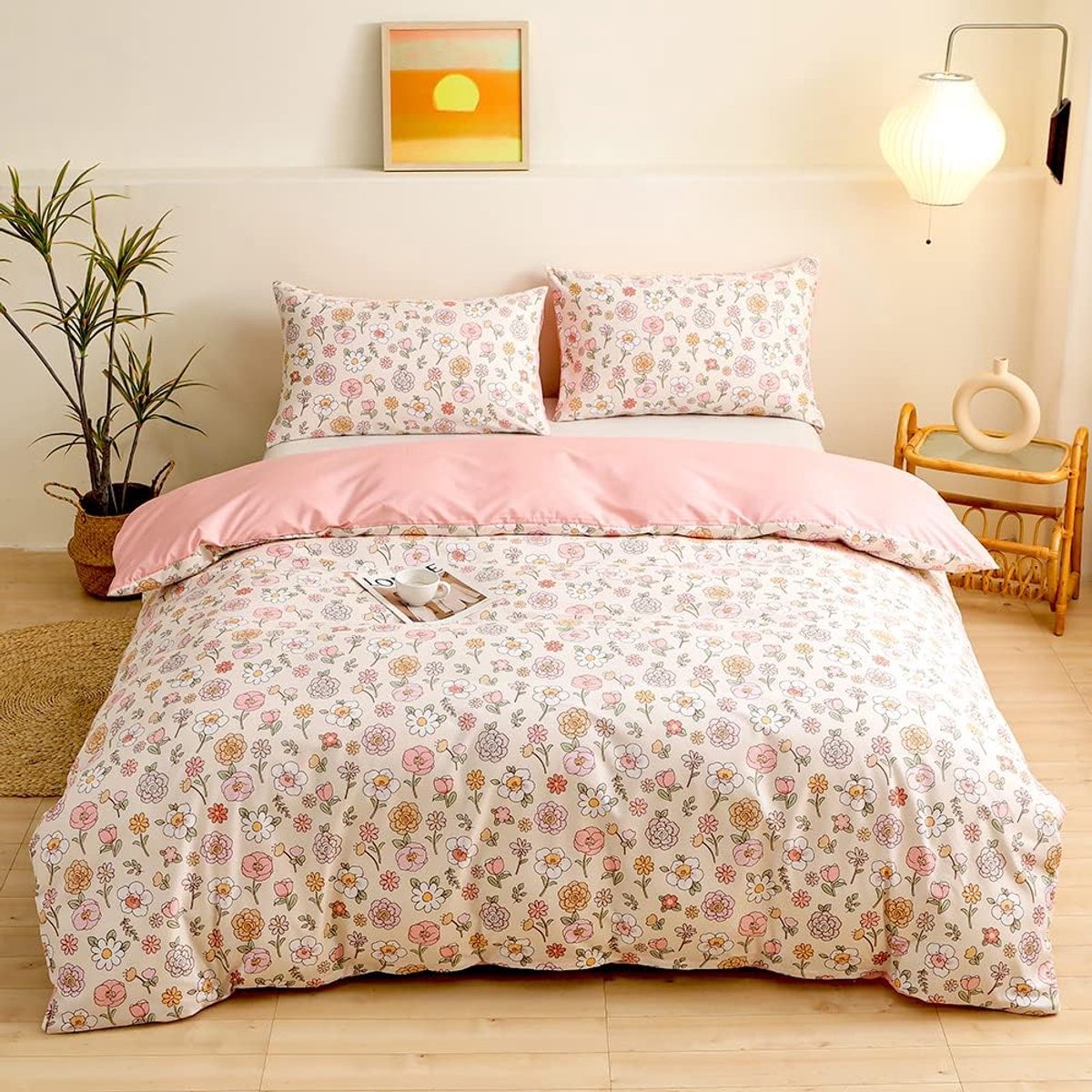 SnelShoppen - Bedlinnen Set 135 x 200 cm - Kleurvol Bloemenpatroon - Beige en Roze - Omkeerbaar Dekbedovertrek - Zachte Microfiber - 2-delig - Ideaal