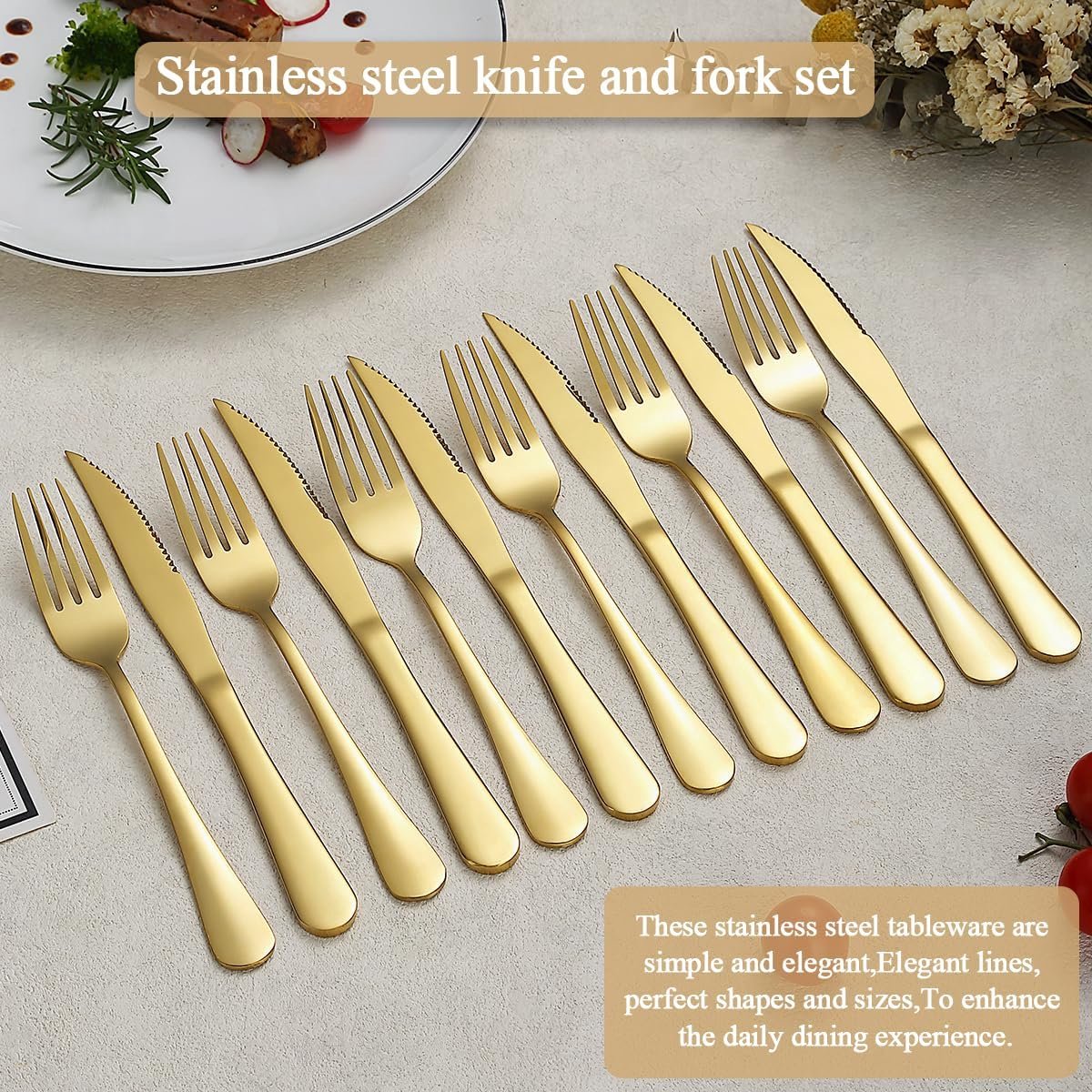 SnelShoppen - 24-Delige Steakbestek Set - Gouden Titanium Coated RVS Tafelvorken en Steakmessen - Duurzaam, Roestvrij en Afwasmachinebestendig - Perfe