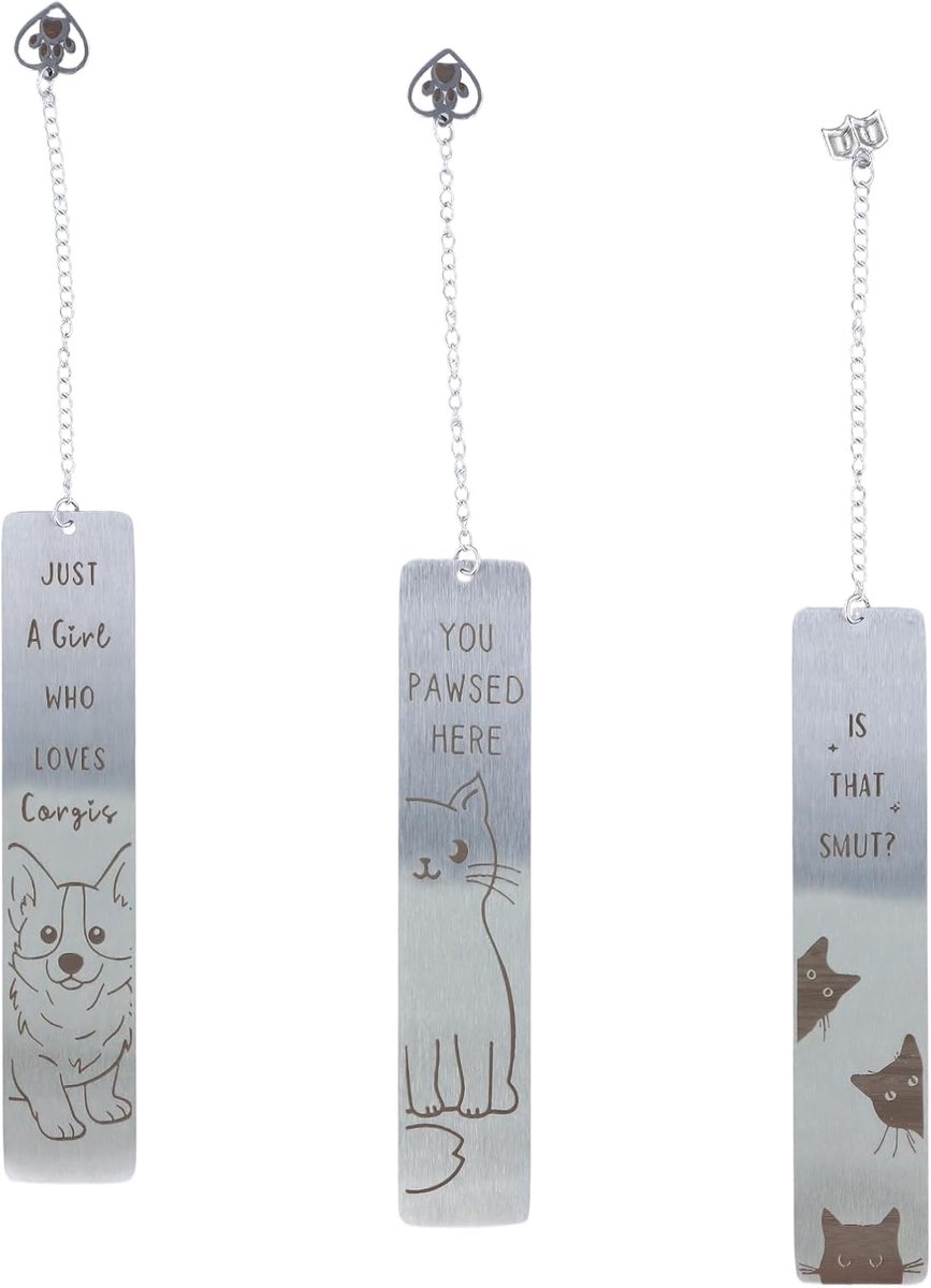 SnelShoppen - Set van 3 Metalen Boekenleggers met Kat en Hond - Persoonlijke Boekenleggers voor Dierenliefhebbers - Unieke Accessoires voor Lezers - P