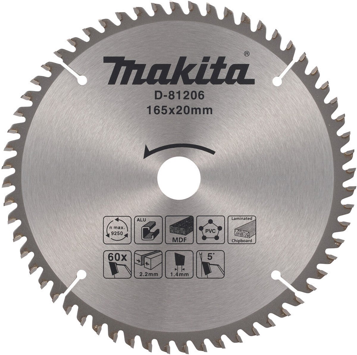 Makita D-81206 Cirkelzaagblad diverse materialen | 165 x 20 mm | 60-tands