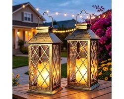 SnelShoppen - 2 Stuks Lantaarn op Zonne-energie Buiten met Flikkerende Kaarsen - Vintage Tuinlantaarns - Weerbestendig Glas - Gezellige Verlichting vo