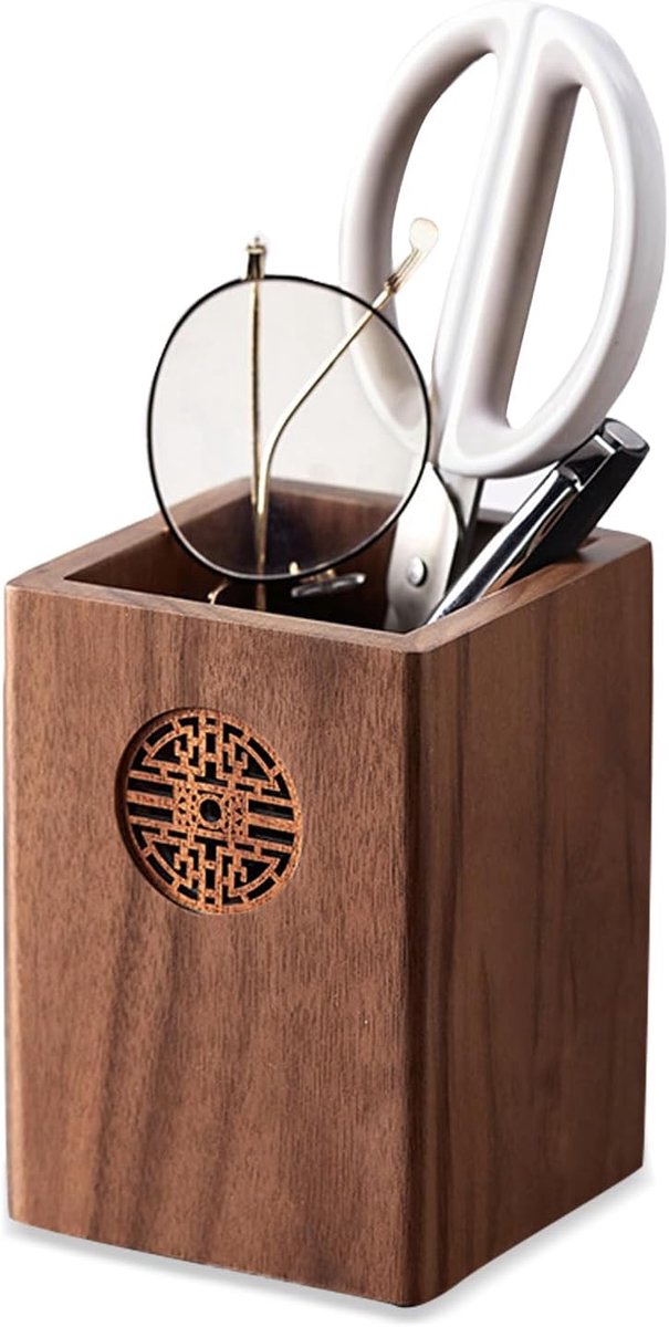 SnelShoppen - Houten Pennenhouder, Vierkante Desk Organizer, Handgemaakt van Zwart Walnoot, Perfect voor Kantoorbenodigdheden en Make-up Borstels