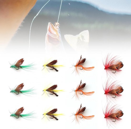 SnelShoppen - 12pcs Vlindervissen - Handgemaakte Vissnoeren voor Baars, Panfish, Forel, Zalm - Levensgetrouwe Vliegvissen met Kleurrijke Veren — afbeelding 5