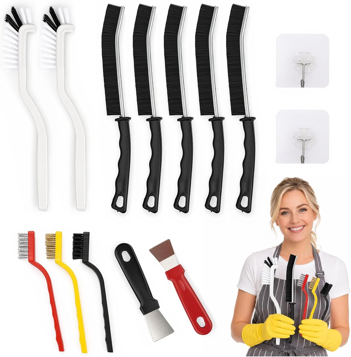 SnelShoppen - Reinigingsborstelset 12 stuks | Stalen borstels, voegenreiniger, schraper voor fornuis, ergonomisch, voor keuken en badkamer