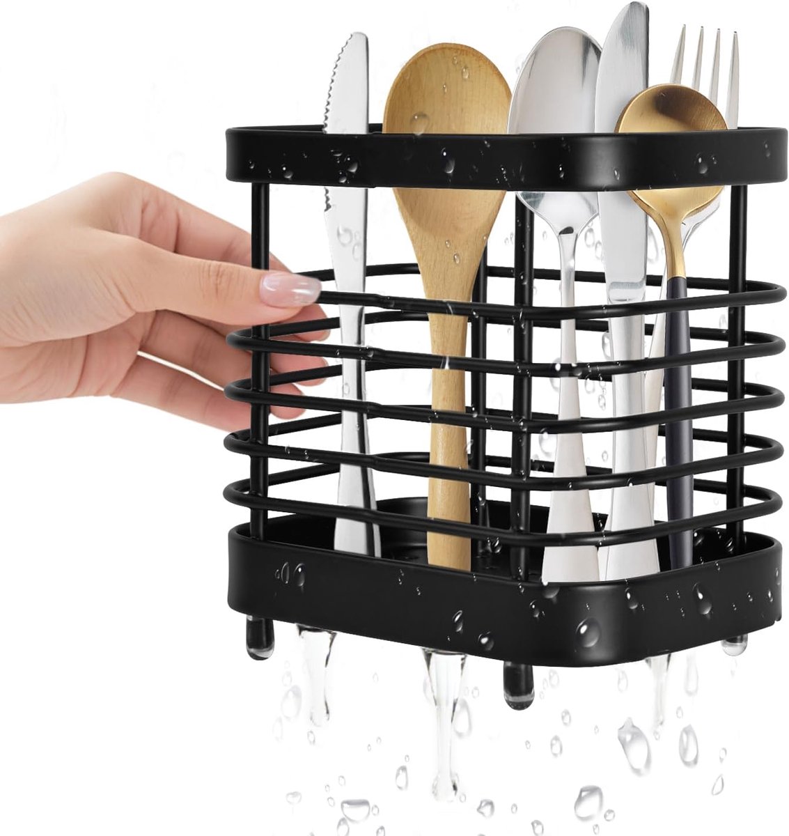 SnelShoppen - Stainless Steel Bestekhouder - Bestek Organizer, Snijplank Drainer, Keuken Gereedschap, Geschikt voor Lepels en Stokjes - Zwart, 10x7.5x