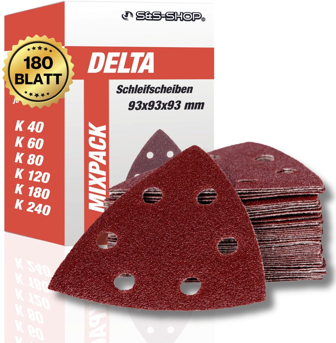 SnelShoppen - Delta Schuurdriehoekjes 180 Stuks - 93x93x93 mm - 6 Gaten - Grit 40-60-80-120-180-240 - Voor Delta Schuurmachines en Multi Schuurmachine
