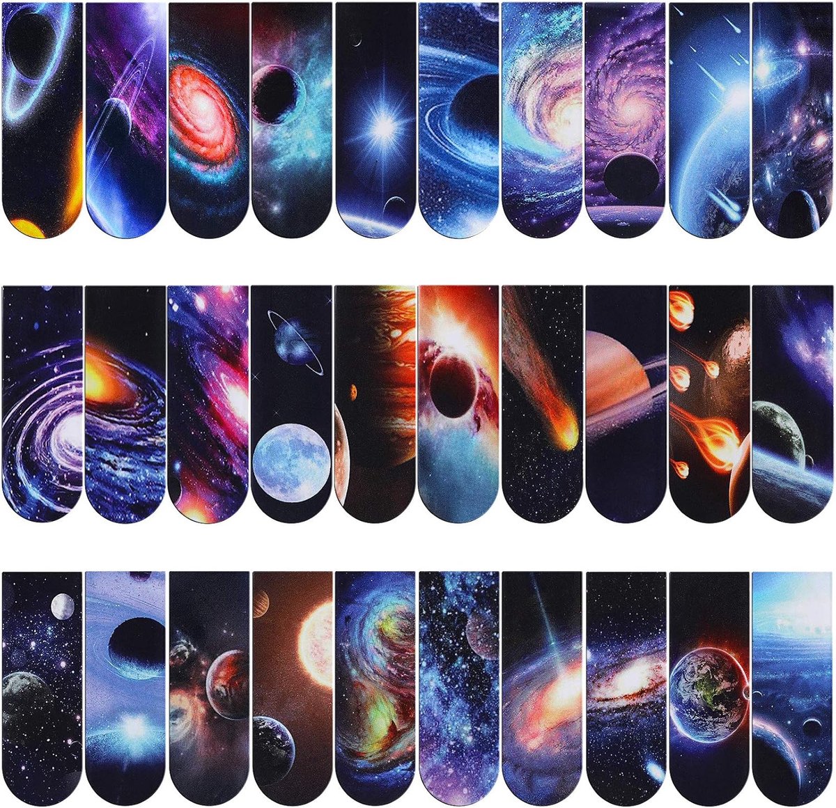 SnelShoppen - 30 Stuks Magnetische Boekenleggers Universum Galaxy, Sterrenhemel Pagina Clips voor Lezers, Assortiment 30 Stijlen, 2x6cm, Perfect voor