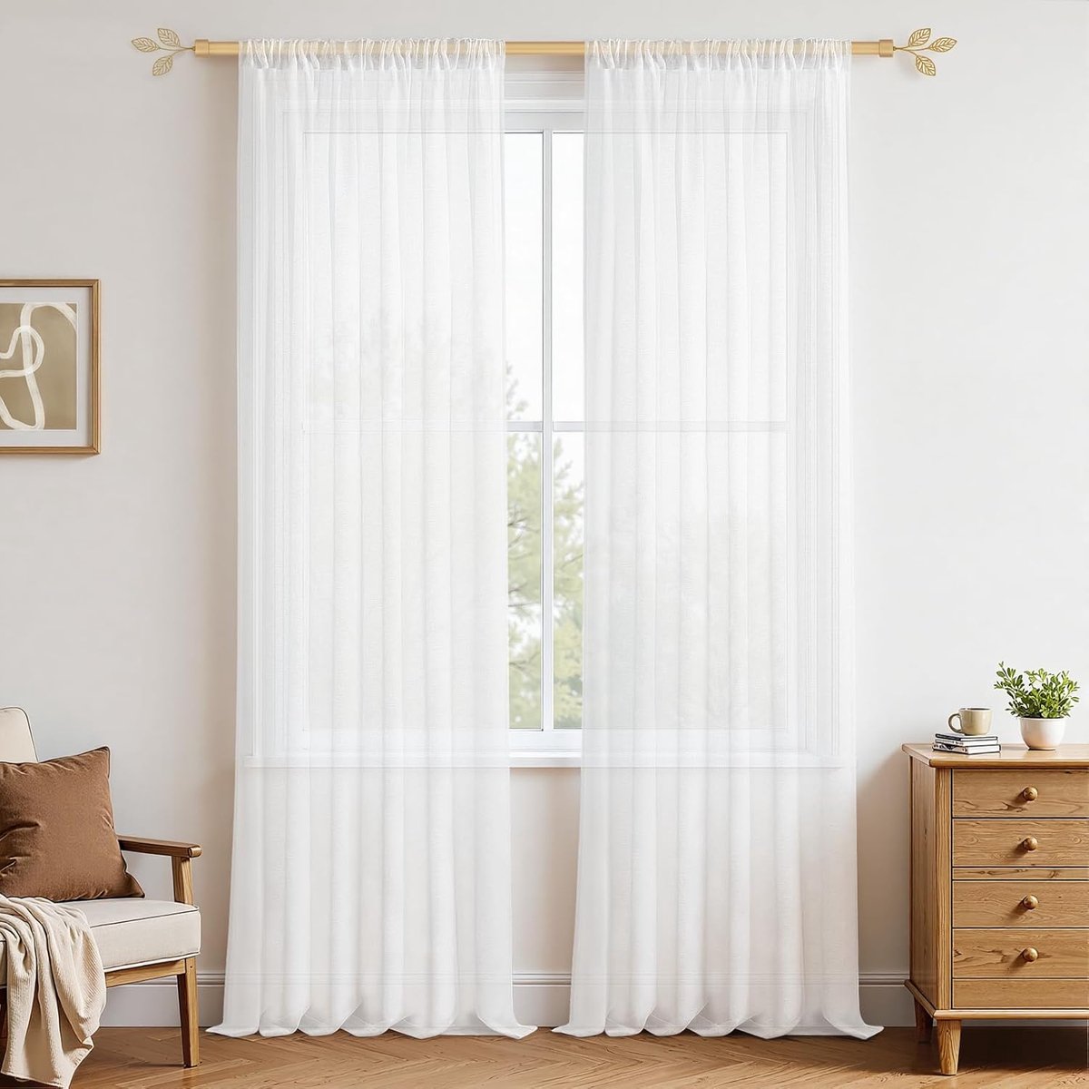 SnelShoppen - Voile Gordijnen met Oogjes, Semi-Transparant, Korte Linnen Look Gordijnen Wit 260 x 140 cm voor Woonkamer, Slaapkamer, Kinderkamer, Set
