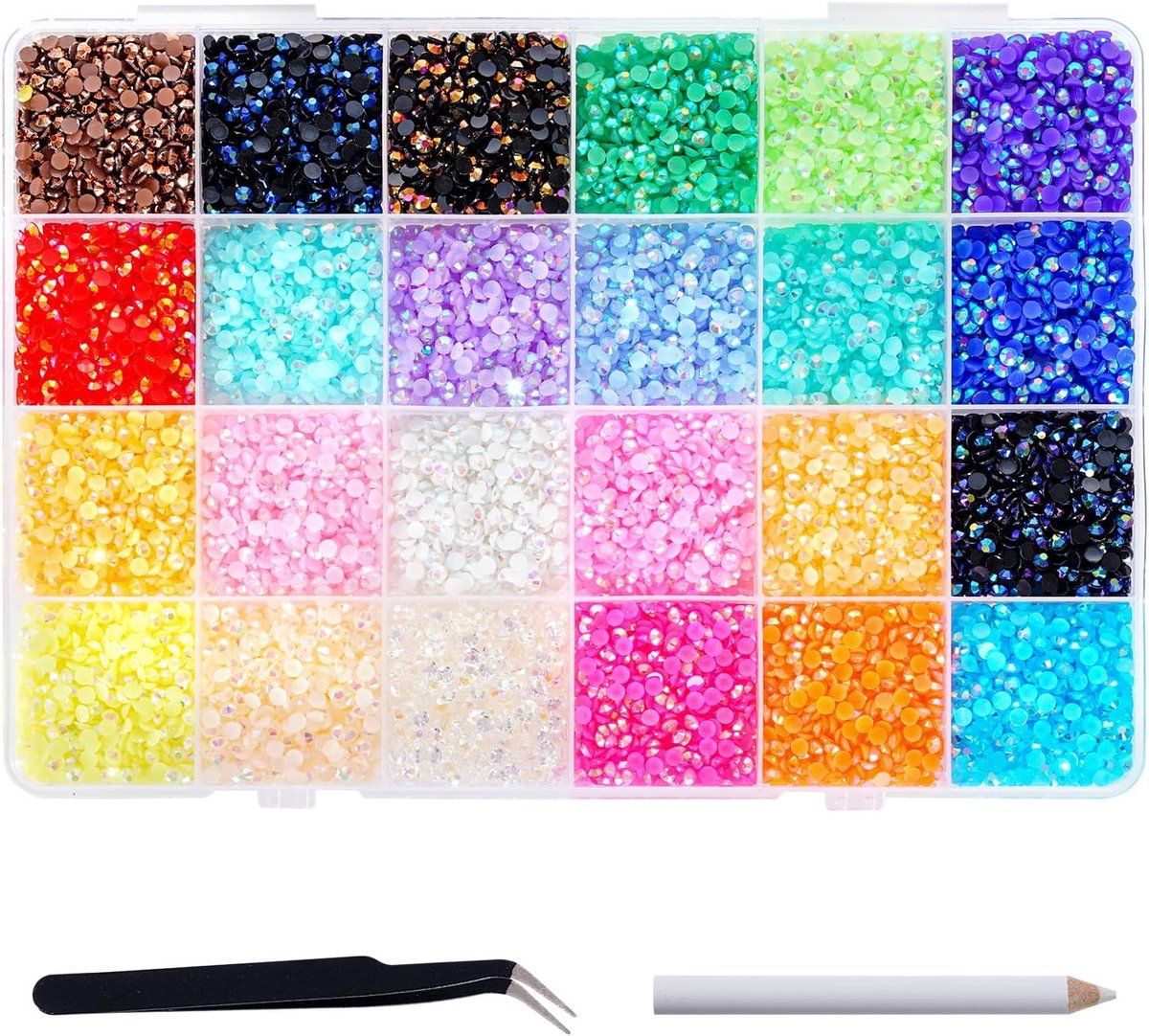 SnelShoppen - 9600 Strass-steentjes voor Nagels, 24 Kleuren, 5 mm Glitterstenen voor Knutselen, Ronde Glitterstenen met Pincet en Stift, Bedazzler-kit