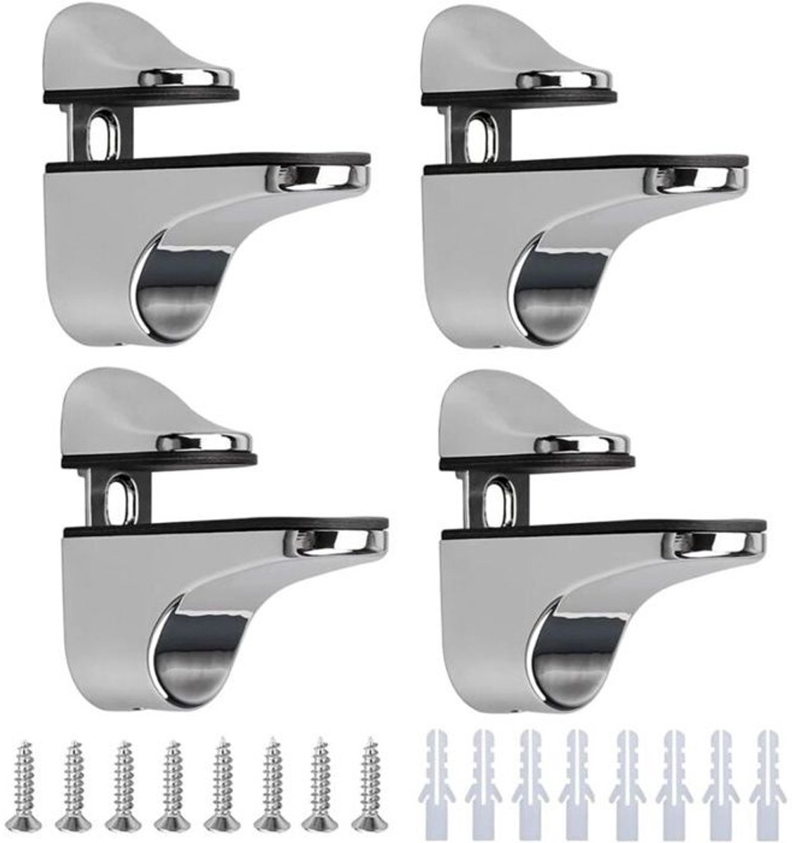 Een set van 4 glazen plankdragers – verstelbare, gepolijste zinklegering dragers Geschikt voor badkamers (3-23 mm).