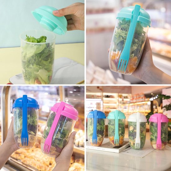 Yoghurt Beker voor Onderweg - 4 Pack Salad Cup met Dressing Container en Bestek - 1000ml Overnight Oats Beker - Herbruikbare Cruesli Beker to Go en Salade Lunchbox voor Kantoor en School-roze, mintgroen, wit, blauw — afbeelding 2
