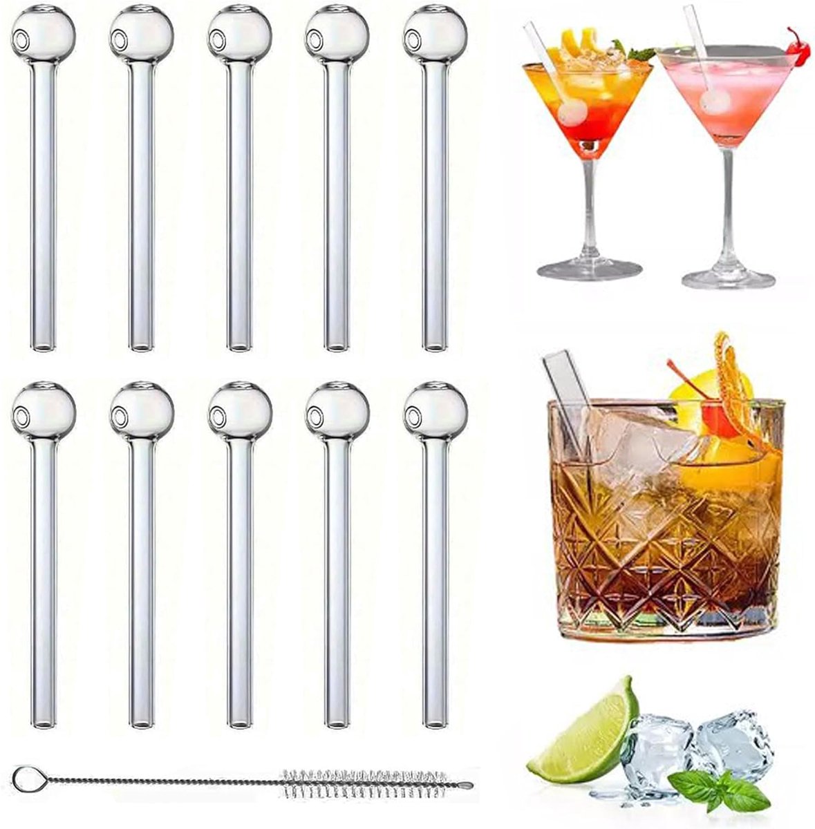 SnelShoppen - 10 Stuks Herbruikbare Glazen Rietjes met 2 Reinigingsborstels - Transparante Korte Rietjes voor Cocktails, Dranken en Feestjes - Tempera