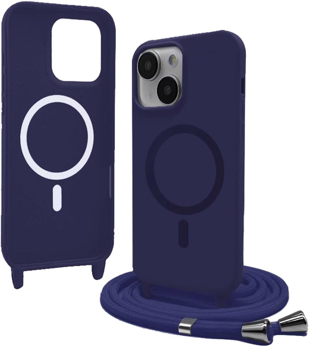 SnelShoppen - Magnetische Beschermhoes met Koord voor iPhone 14 Plus, Siliconen Hoes, Verstelbare Nylon Omhangband, Halsketting, Schouderriem, Blauw