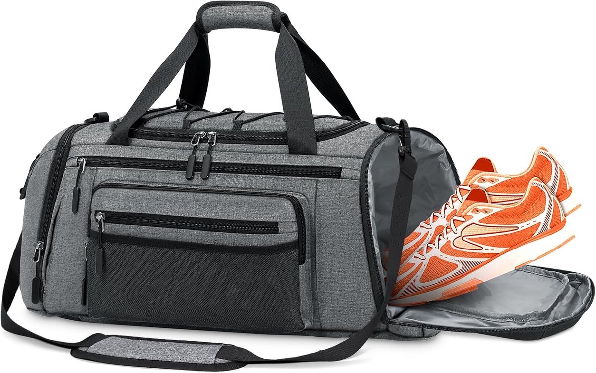 SnelShoppen - Sportieve Duffle Bag met Schoencompartiment, Grijs, 45L, Ruime Sporttas met Meerdere Vakken voor Sport, Reizen, Weekendje Weg