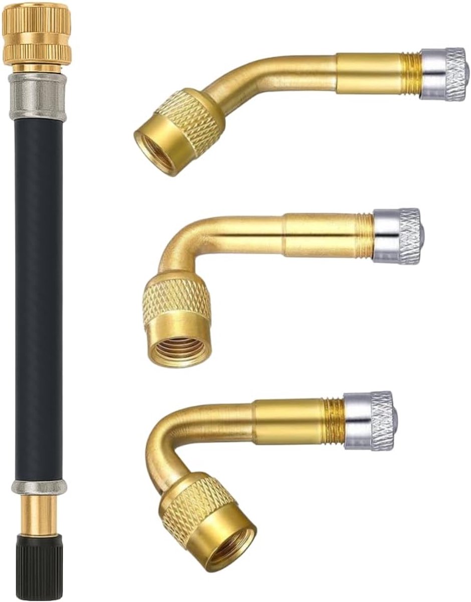 SnelShoppen - Valve extension set - 3x metaal 45°, 90°, 135° - 140 mm rubber verlenging - inclusief ventieldoppen voor auto, motor, camper, fiets, sco