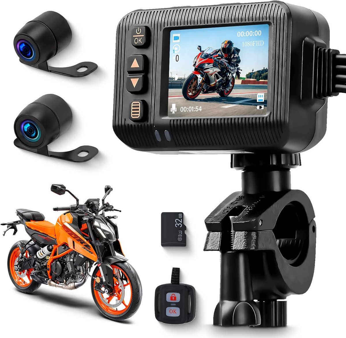 SnelShoppen - VECHTEL Motorfiets Dashcam Voor en Achter 1080p, Dual Camera, Waterdicht, 2 Inch HD-Display, G-Sensor, Inclusief Afstandsbediening en 32