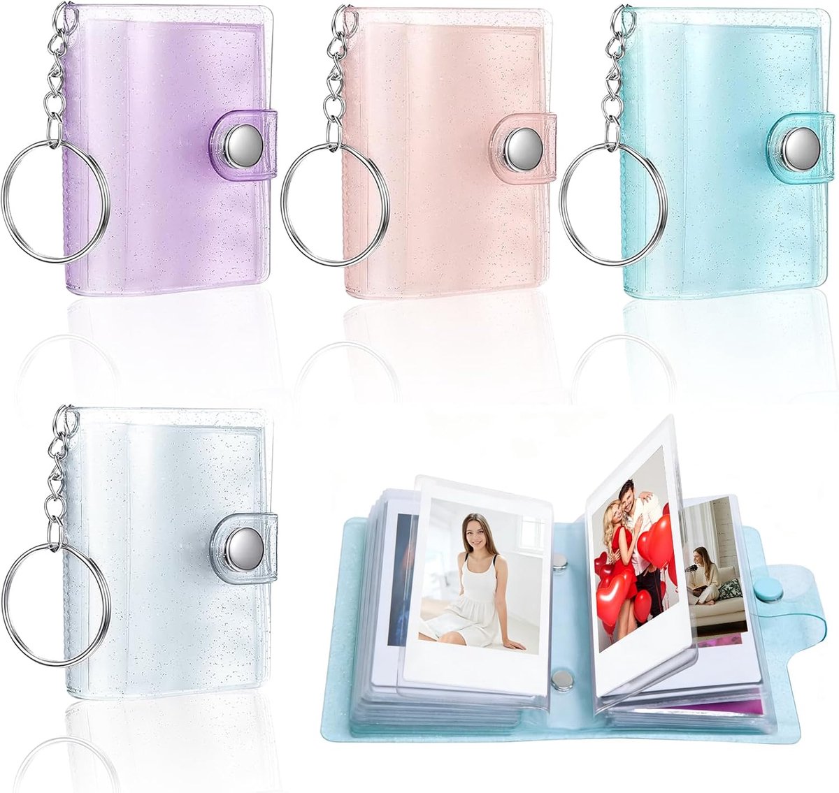SnelShoppen - Set van 4 Mini Fotoalbums - Sleutelhangers - Klein 5 cm - 18 Compartimenten - PVC - In 4 Kleuren - Perfect voor Herinneringen en Cadeaus