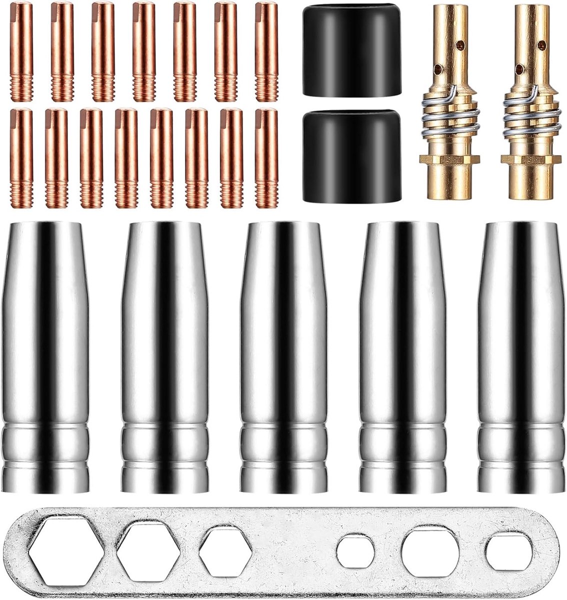 SnelShoppen - 25-delige slijtageonderdelen set voor beschermgaslasapparaat, inclusief 5 gasnippels, 15 M6 0.8 mm stroomnippels, 2 nippelhandgrepen en