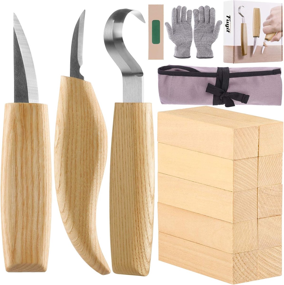 SnelShoppen - 17-delig Hout Beitel Set voor Beginners - Inclusief Hout Carving Blokken, Lepelmes, Schilmes, Kerfmes, Snijbestendige Handschoenen, Mes